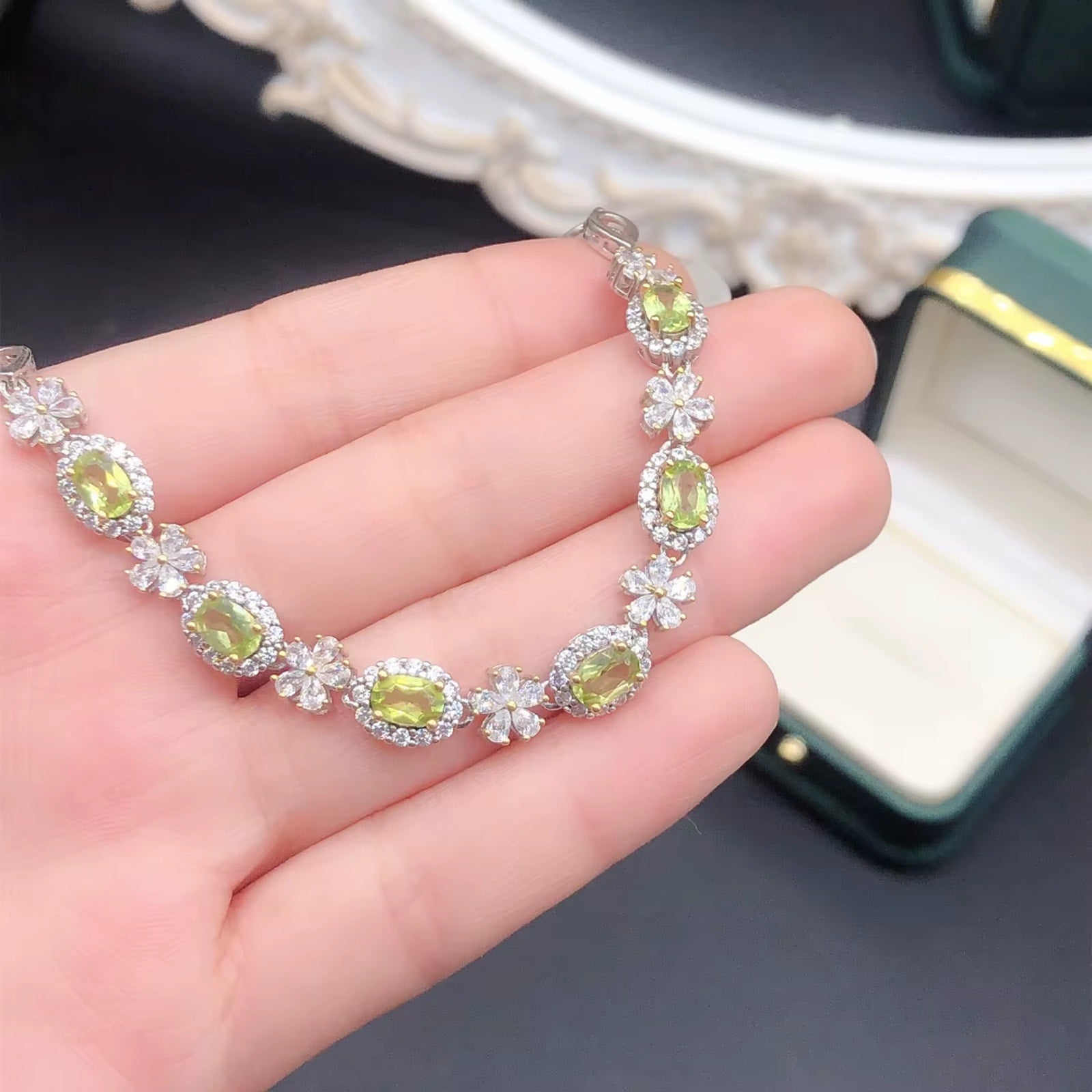 Natural Peridot August Birthstone Flower Bracelet 925 Sterling Silver 4x6mm