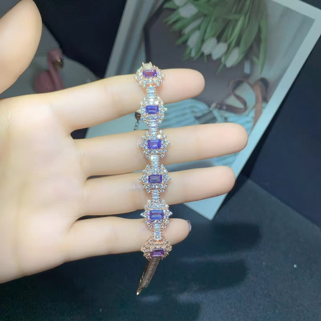 Tanzanite Tennis Bracelet 925 Sterling Silver, Emerald Cut Tanzanite Bracelet