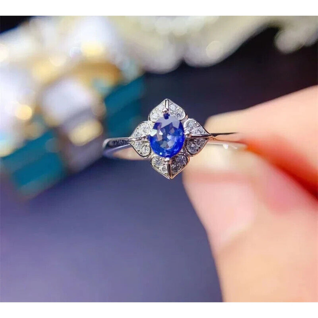 Natural Sapphire Cocktail Ring, Bright Blue Sapphire Ring 925 Sterling Silver