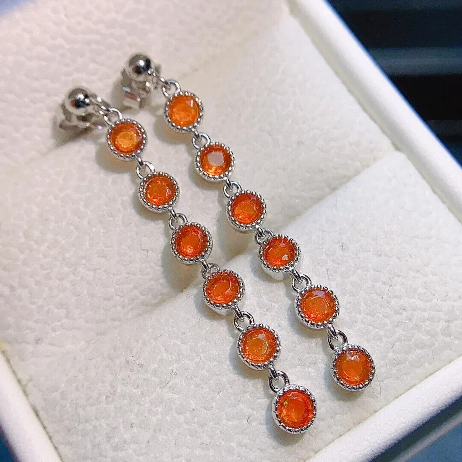 Orange Fire Opal Long Dangle Earrings, Colorful Orange Opal Dangle Earrings