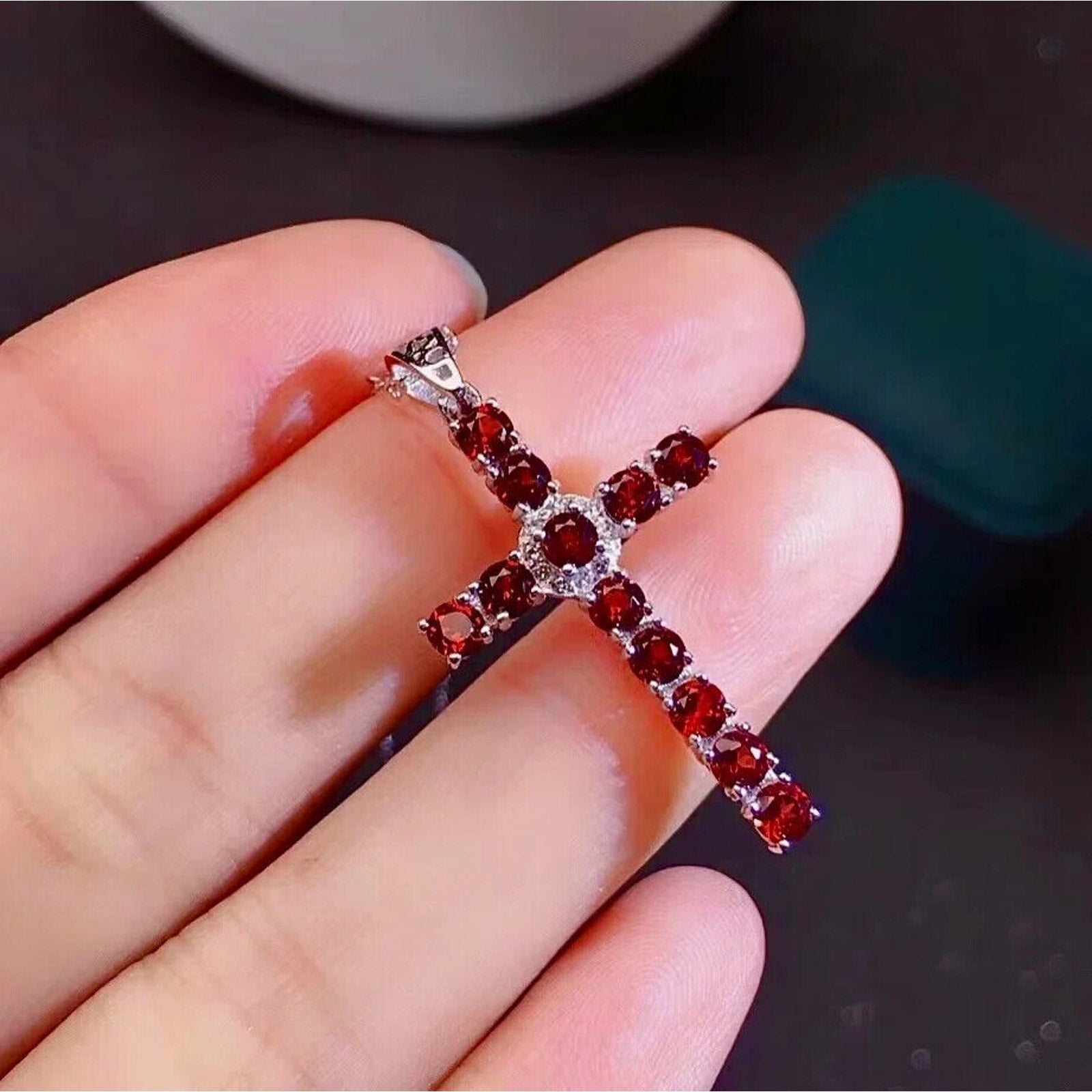 Natural Garnet Cross Necklace, Gemstone Cross Necklace 925 Sterling Silver