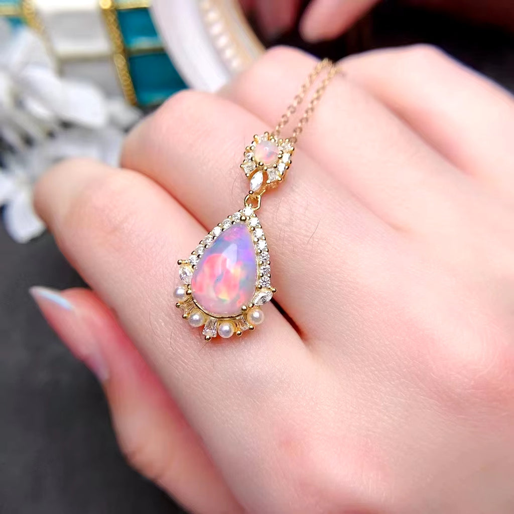 Natural Fire Opal Pendant Necklace, Opal Necklace 925 Sterling Silver 8x12mm