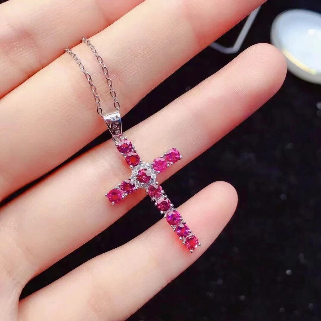 Natural Pink Tourmaline Cross Necklace, Gemstone Cross Necklace 925 Sterling
