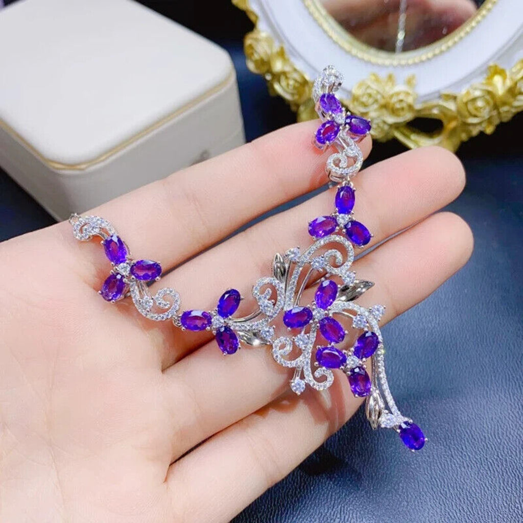 Purple Amethyst Statement Necklace, Amethyst Gemstone Necklace Sterling Silver