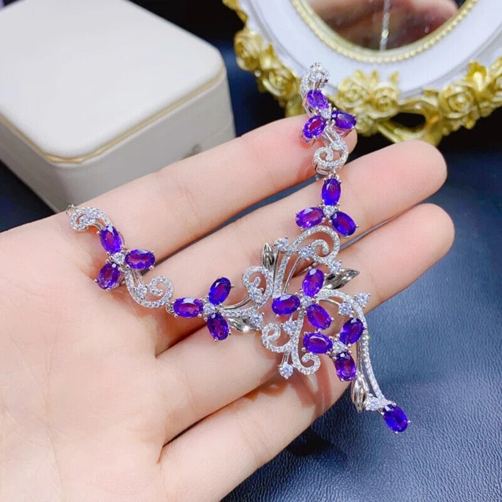 Purple Amethyst Statement Necklace, Amethyst Gemstone Necklace Sterling Silver