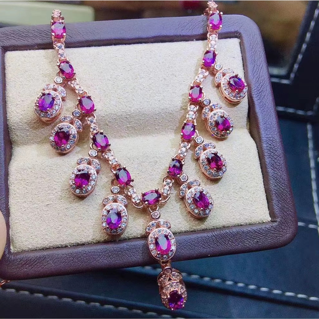 Natural Pink Garnet Charm Necklace 925 Sterling Silver, Garnet Necklace 3x4mm