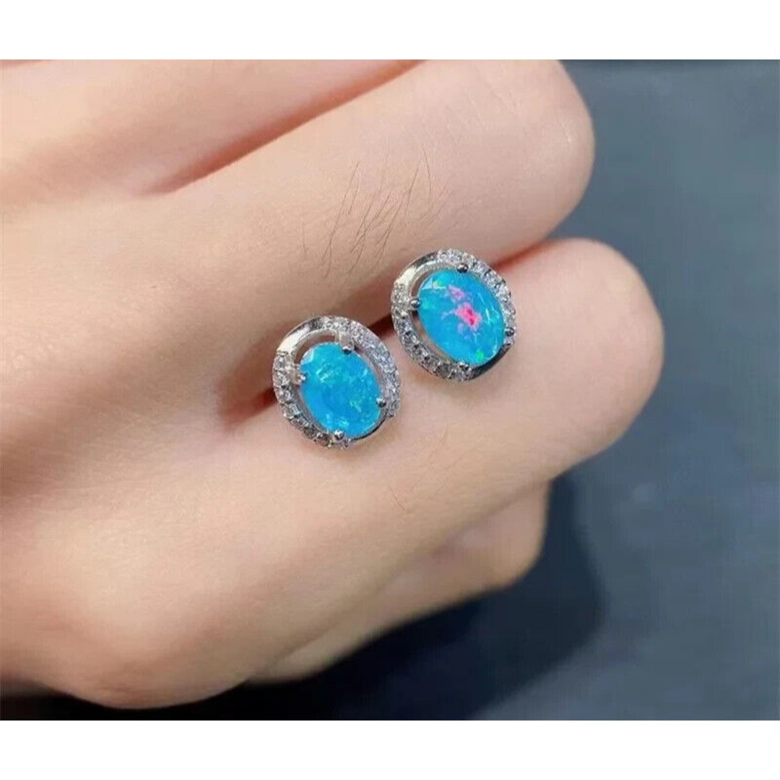 Blue Opal Stud Earrings, Natural Blue Fire Opal Stud Earrings 925 Sterling