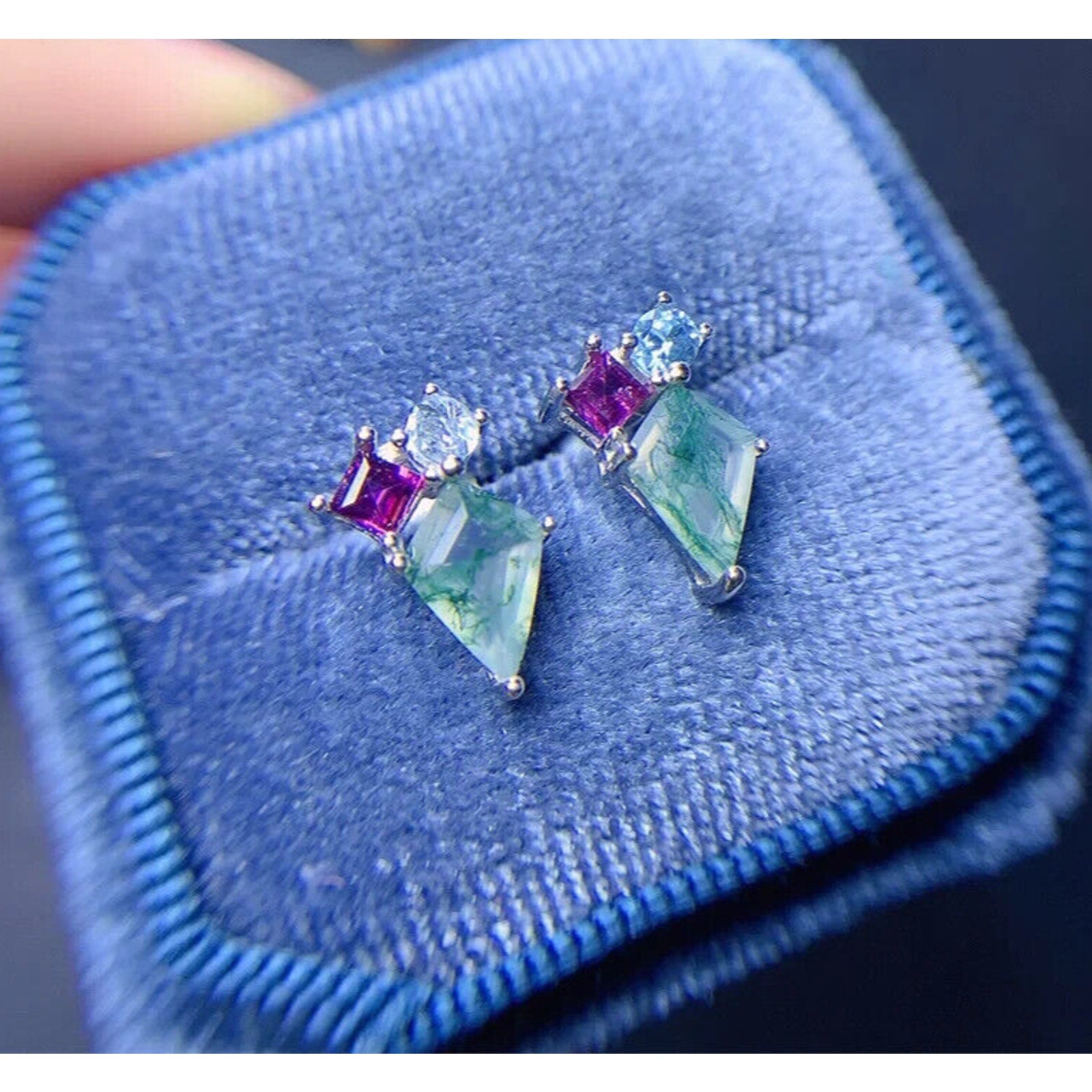 Natural Moss Agate Stud Earrings 925 Sterling Silver