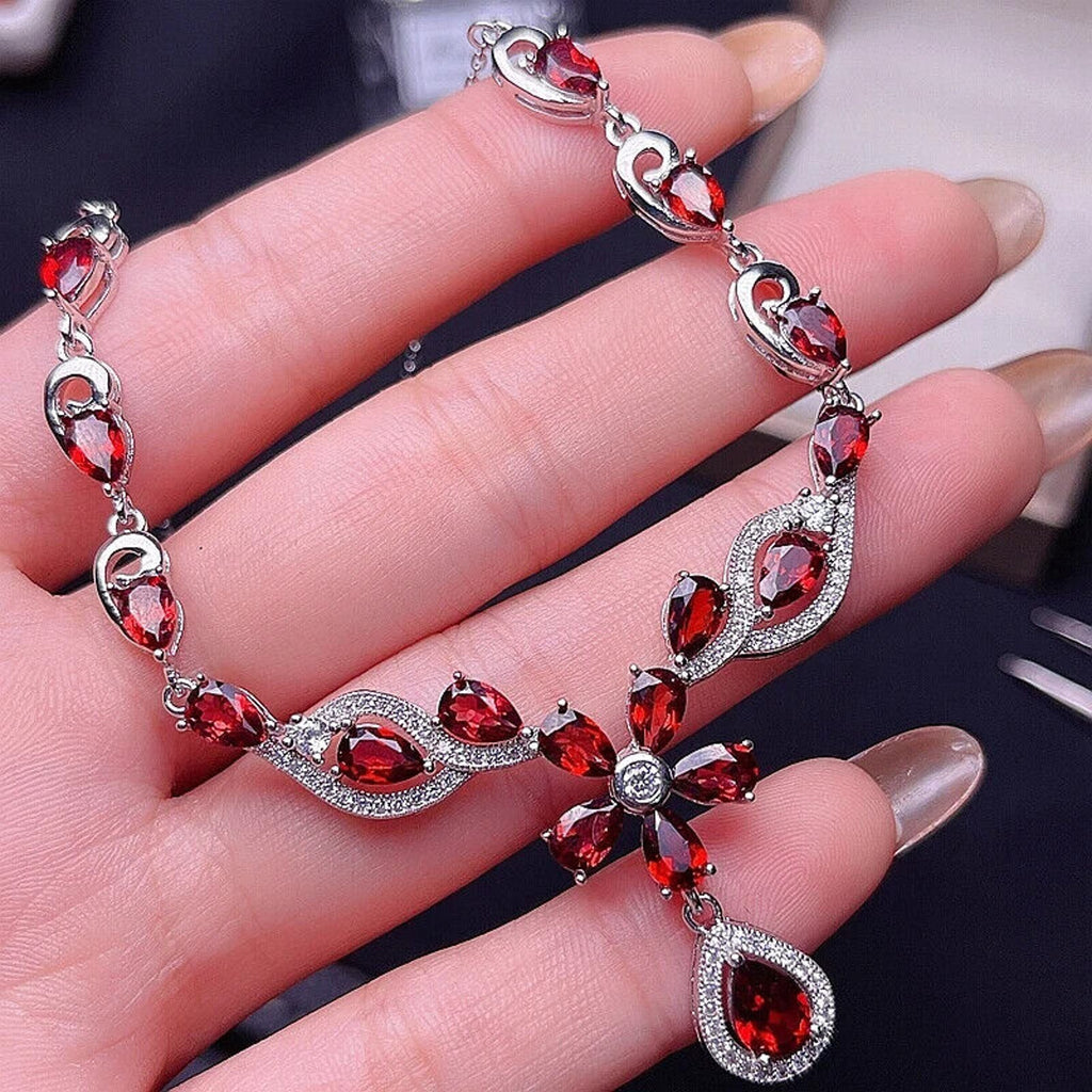 Red Garnet Flower Statement Necklace, Natural Garnet Gemstone Necklace