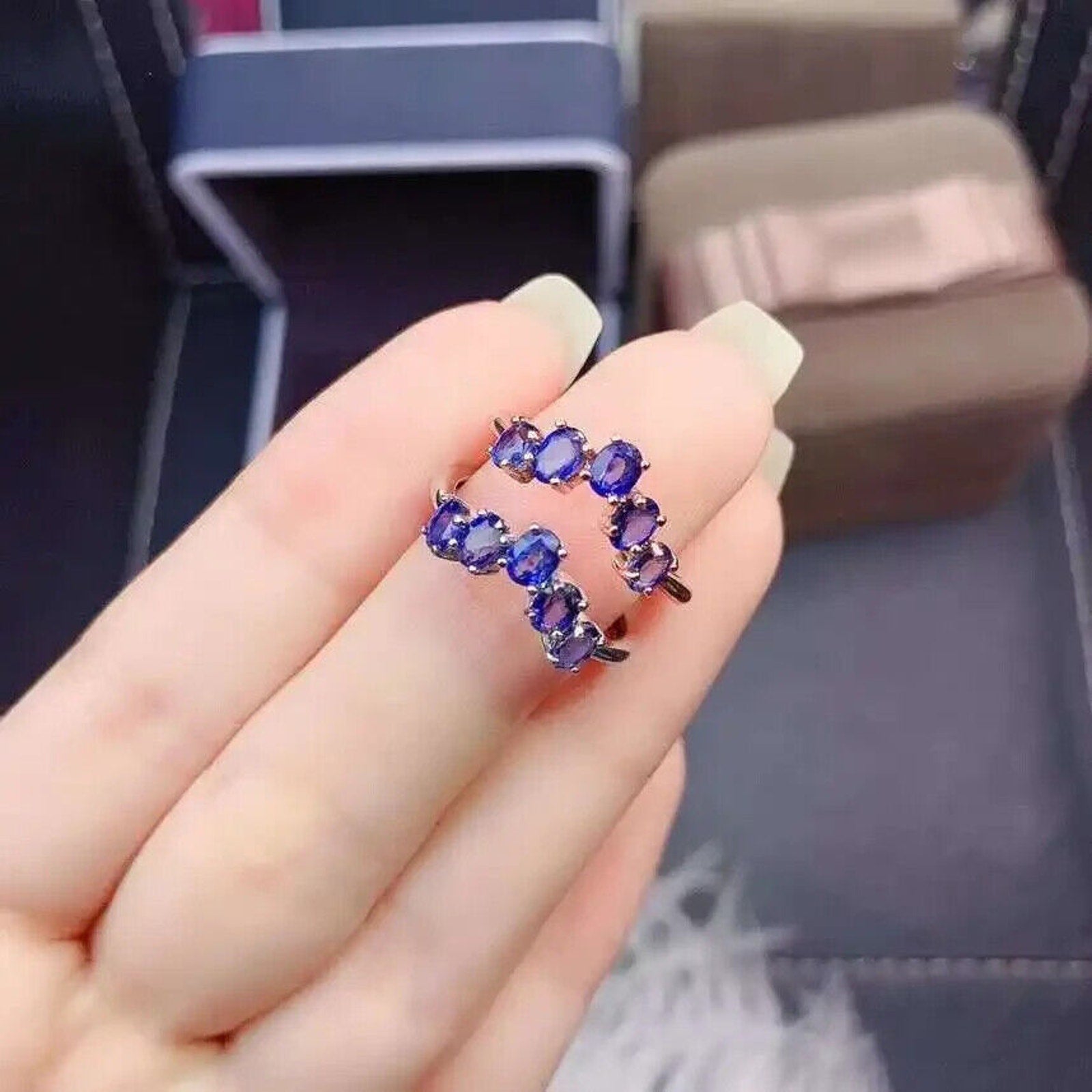 Natural Blue Sapphire Engagement Ring, Sapphire Engagement Ring Sterling Silver