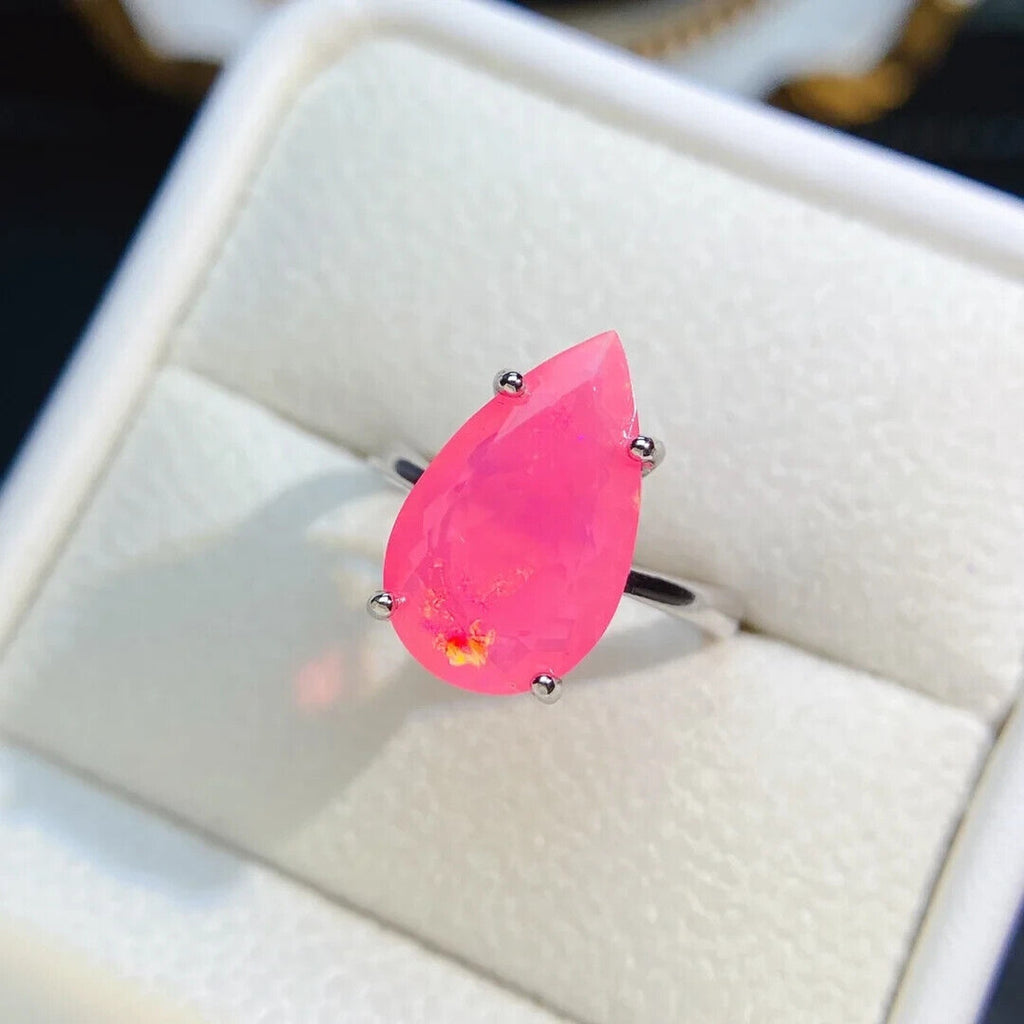 Pear Cut Pink Opal Ring 10x16mm, Pink Fire Opal Statement Ring Sterling Silver