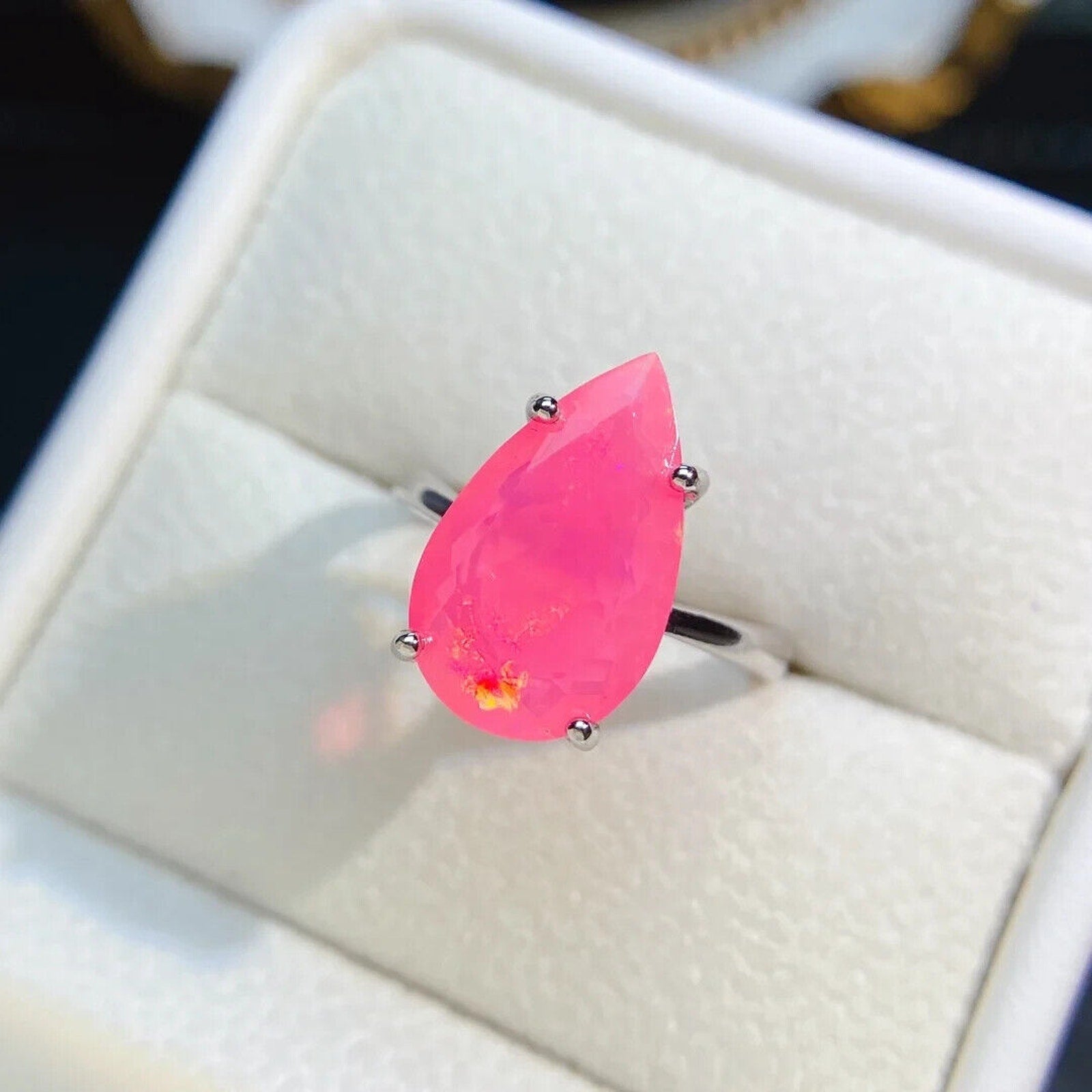 Pear Cut Pink Opal Ring 10x16mm, Pink Fire Opal Statement Ring Sterling Silver