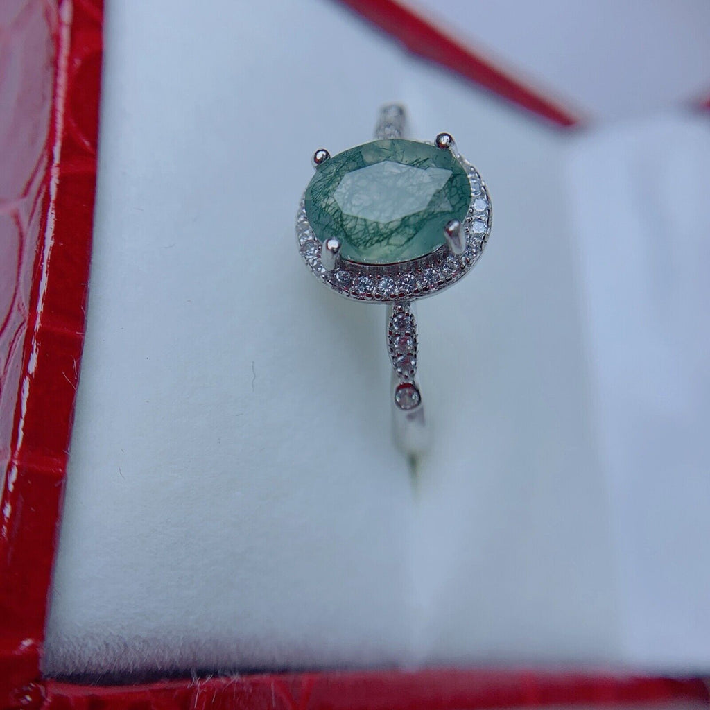 Moss Agate 925 Sterling Silver Ring, 6x8 Natural Moss Agate