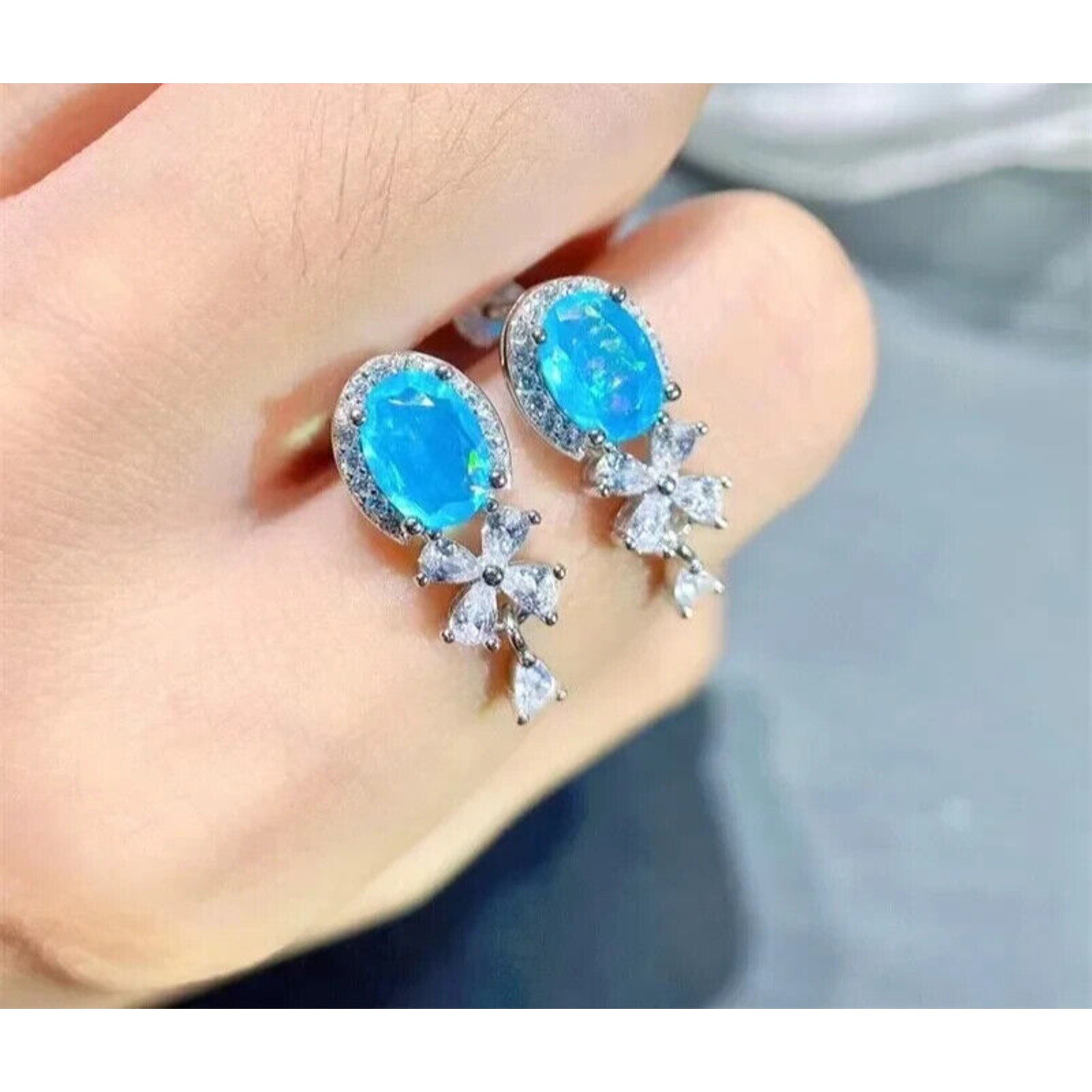 Blue Opal Banquet Stud Earrings, Natural Blue Fire Opal Stud Earrings 5x7mm