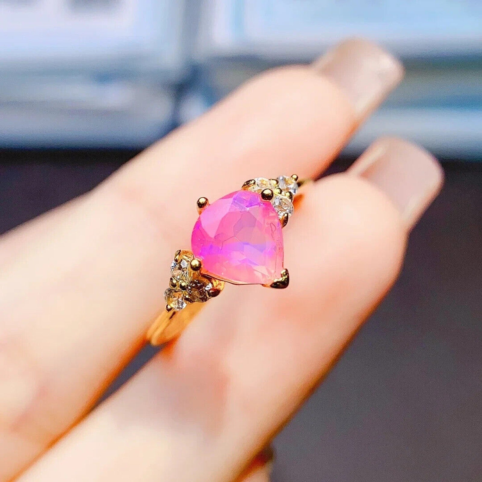 Pink Fire Opal Cluster Ring 7mm, Natural Pink Fire Opal Ring 925 Sterling
