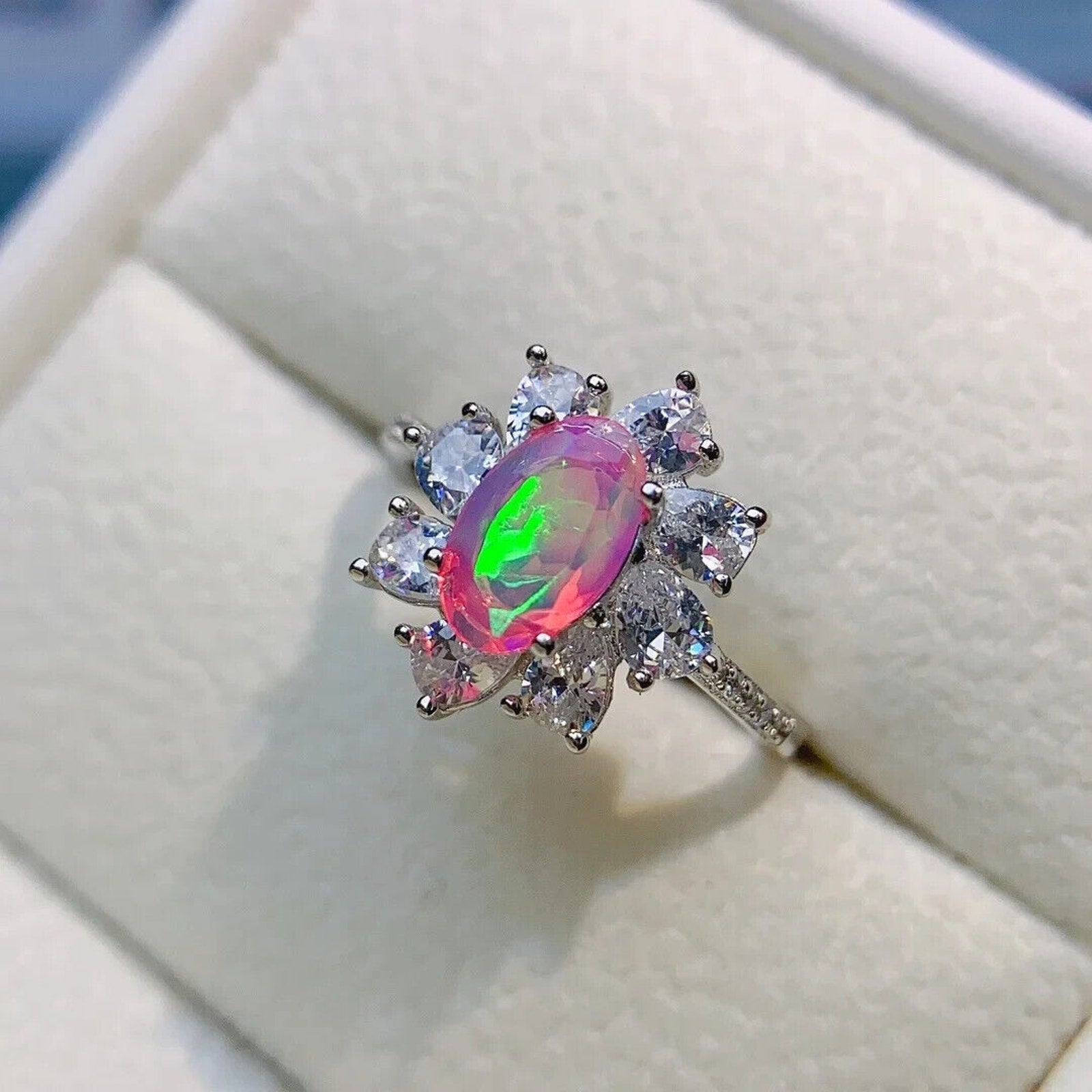 Pink Fire Opal Cluster Ring 5x8mm, Natural Pink Fire Opal Ring 925 Sterling