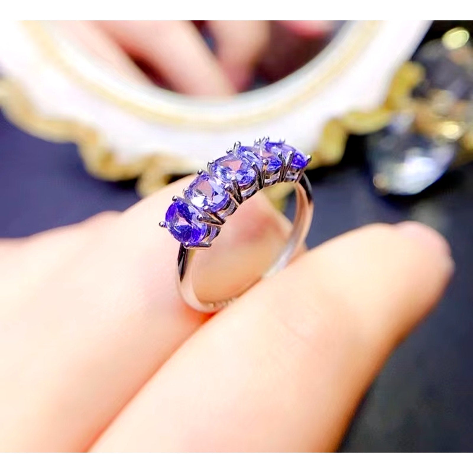 Purple Tanzanite Band Ring, Natural Tanzanite Rings For Women Sterling Silver