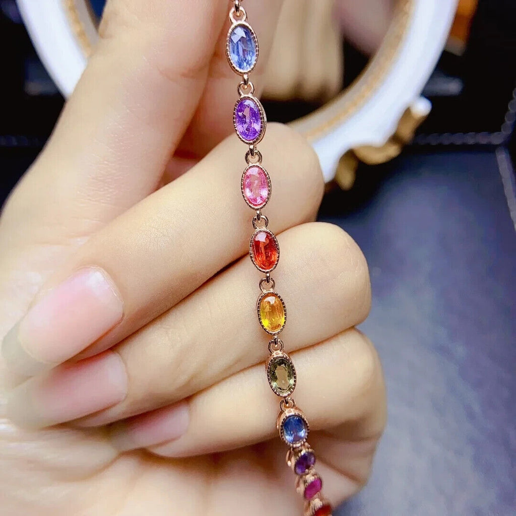 Colorful Sapphire Gemstone Tennis Bracelet, Natural Sapphire Bracelet Silver