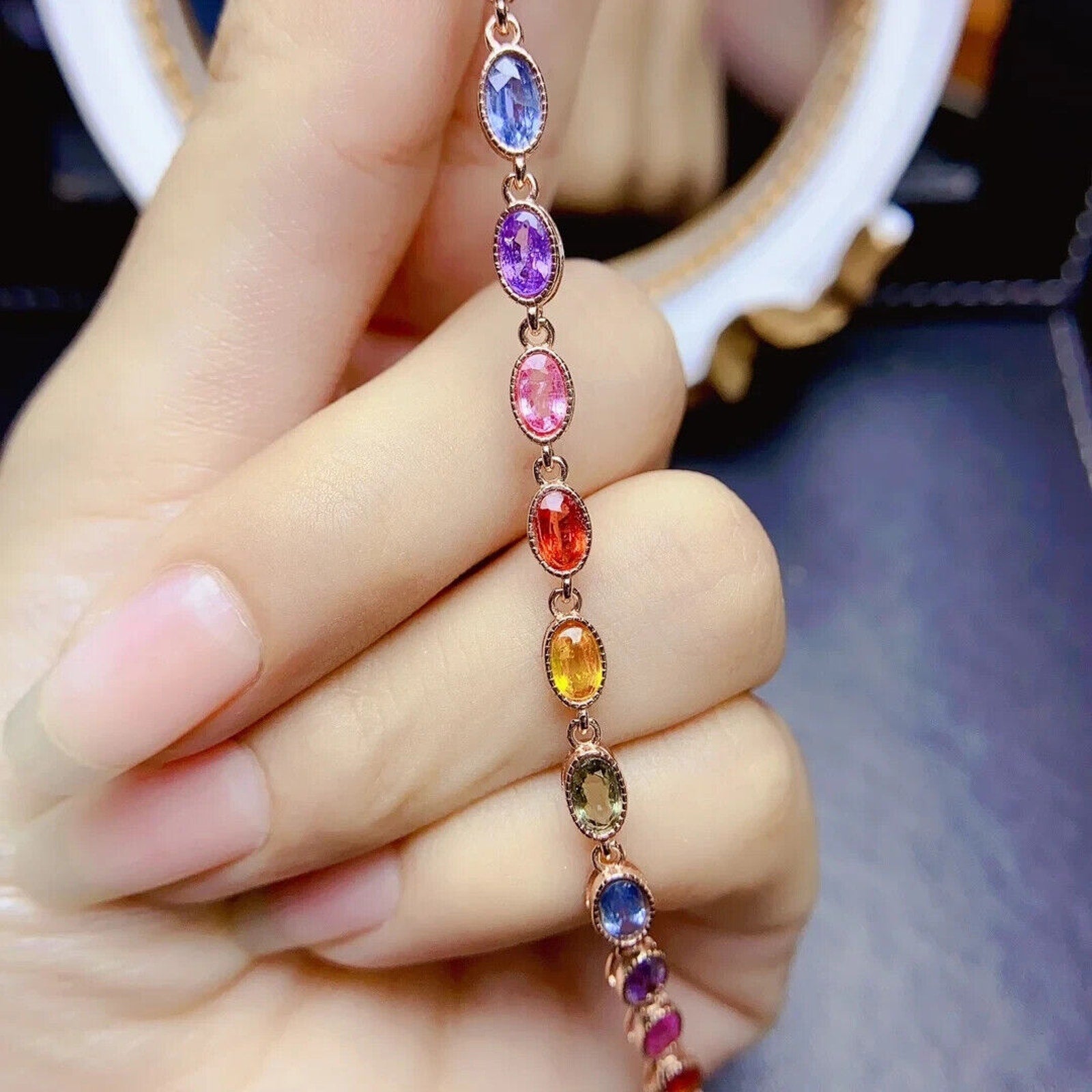 Colorful Sapphire Gemstone Tennis Bracelet, Natural Sapphire Bracelet Silver