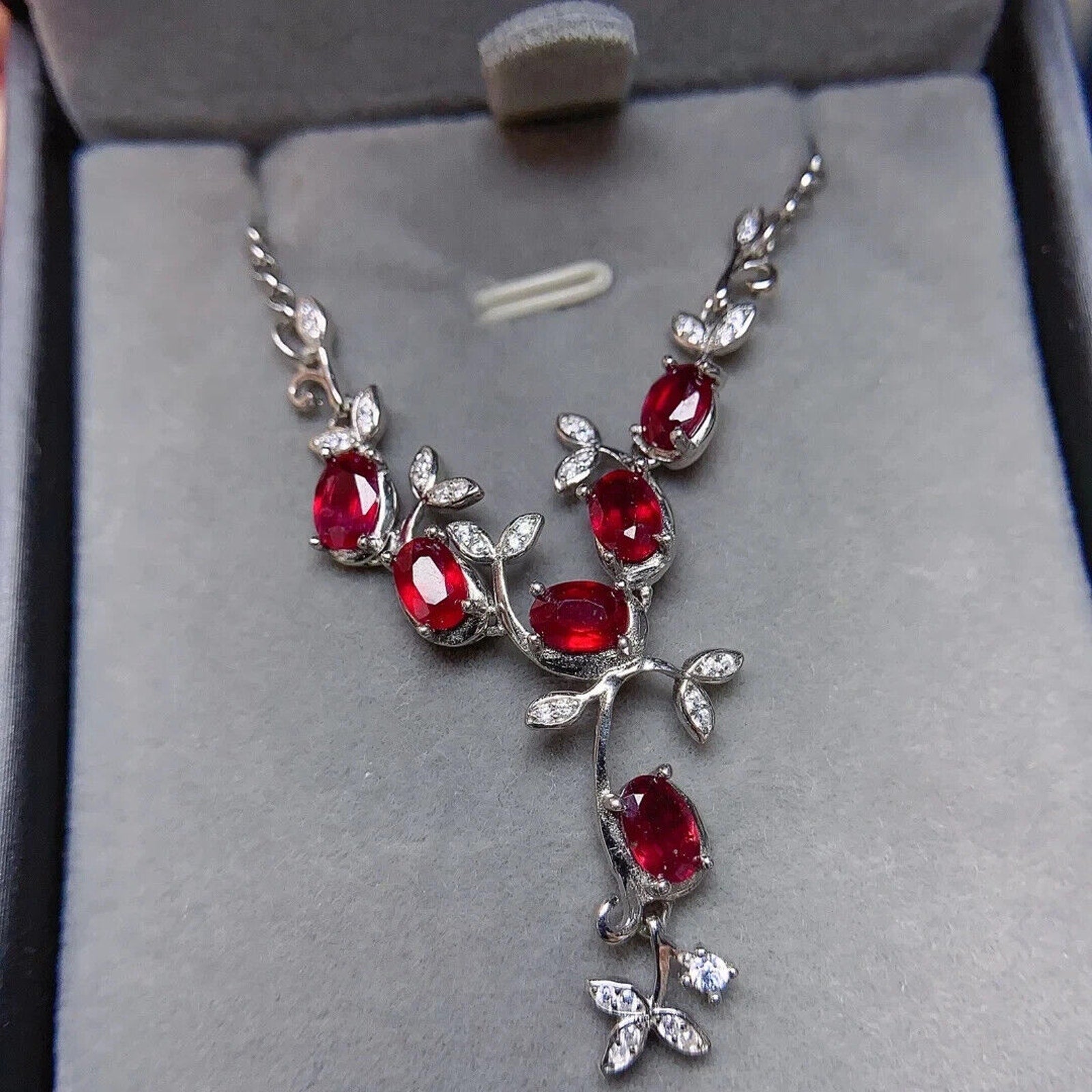 Natural Ruby Leaflet Necklace, Genuine Ruby Chain Necklace Sterling Silver