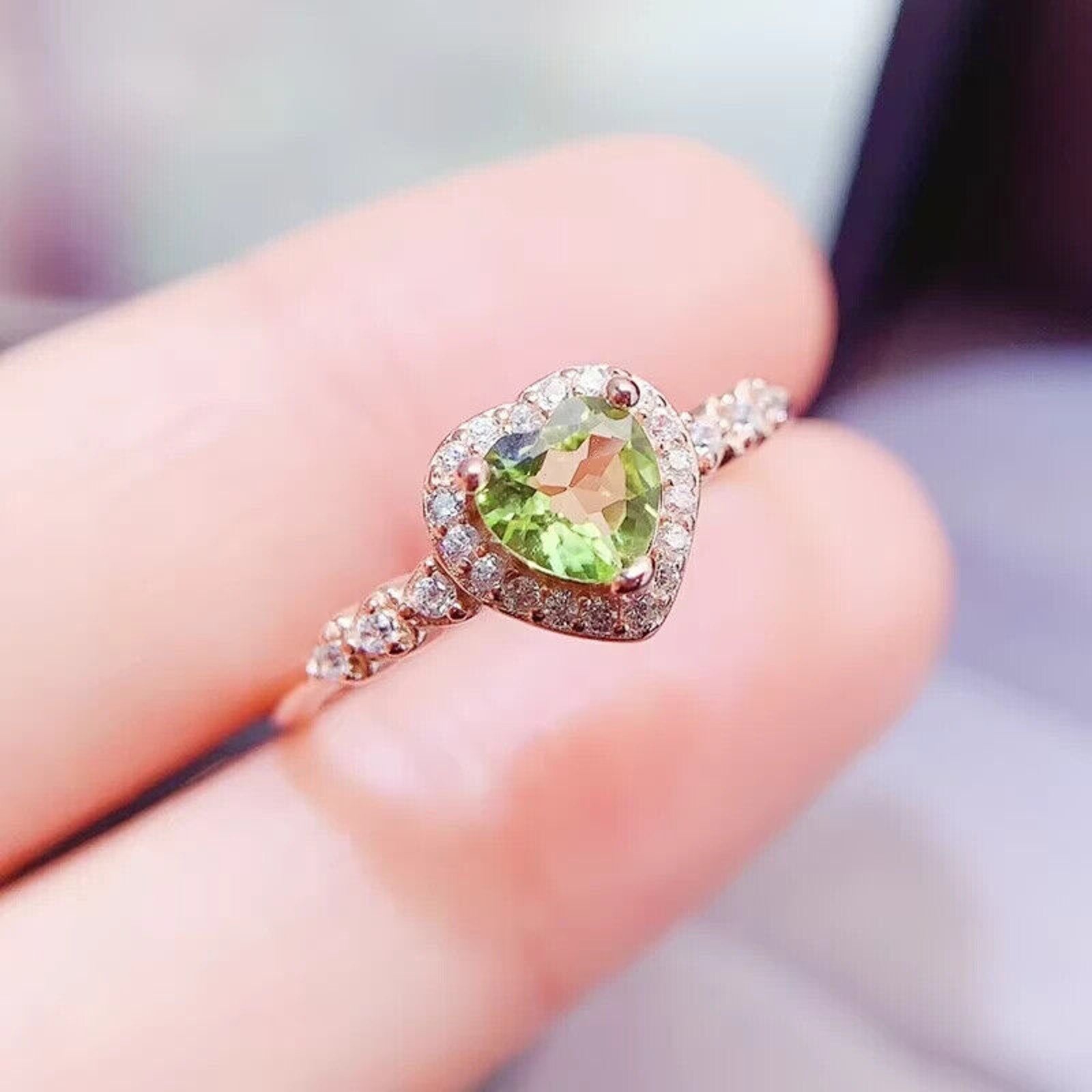Natural Peridot Gemstone Heart Ring 6mm, August Birthstone Peridot Ring