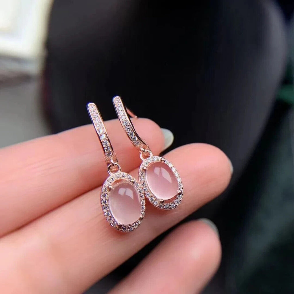 Natural Pink Rose Quartz Dangle Earrings, Sterling Silver Rose Quartz Earrings