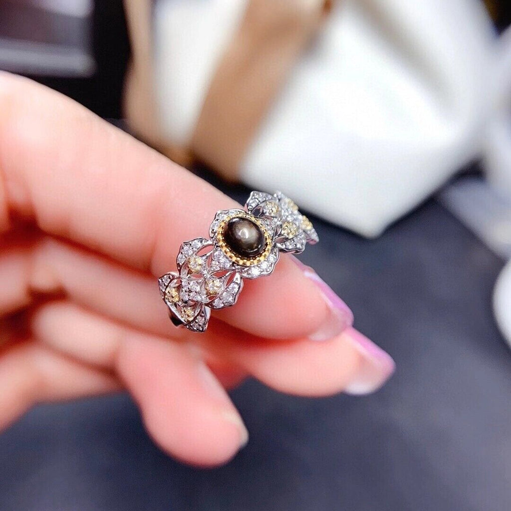 Natural Gray Star Sapphire Princess Ring, 4x5mm Star Sapphire Ring Platinum