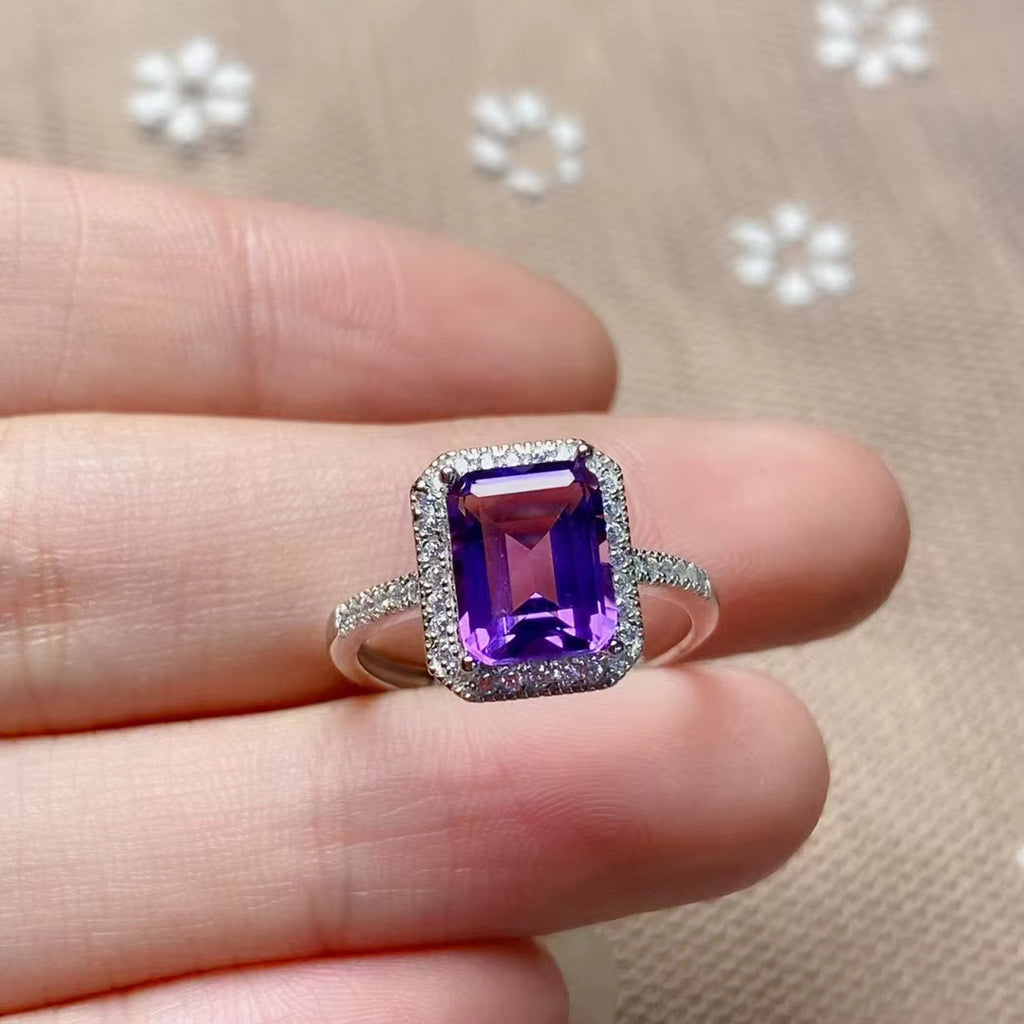 2CT Emerald Cut Amethyst Ring 925 Sterling Silver, Purple Amethyst Ring 7x9mm