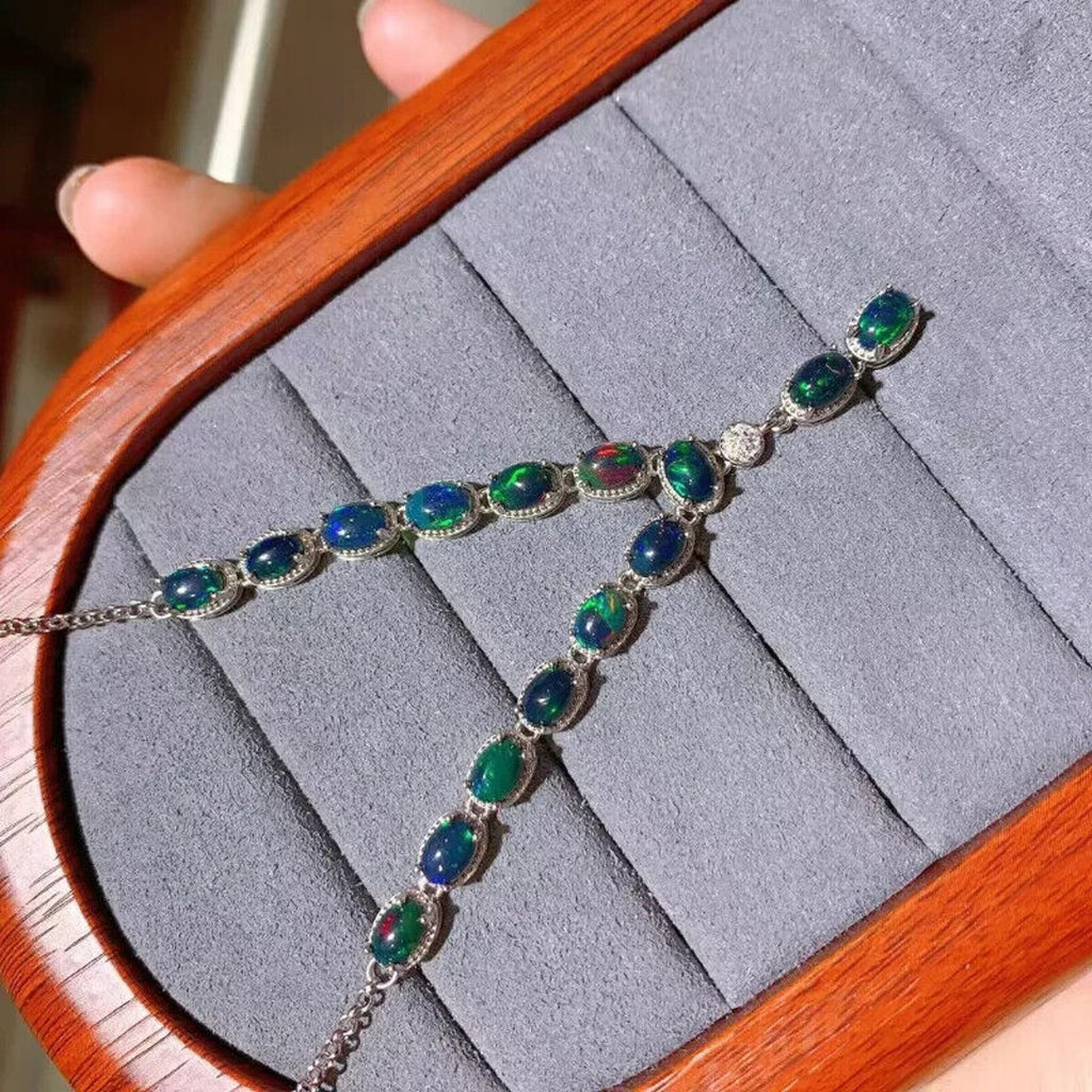 Black Fire Opal Statement Necklace, Natural Black Fire Opal Necklace 4x6mm