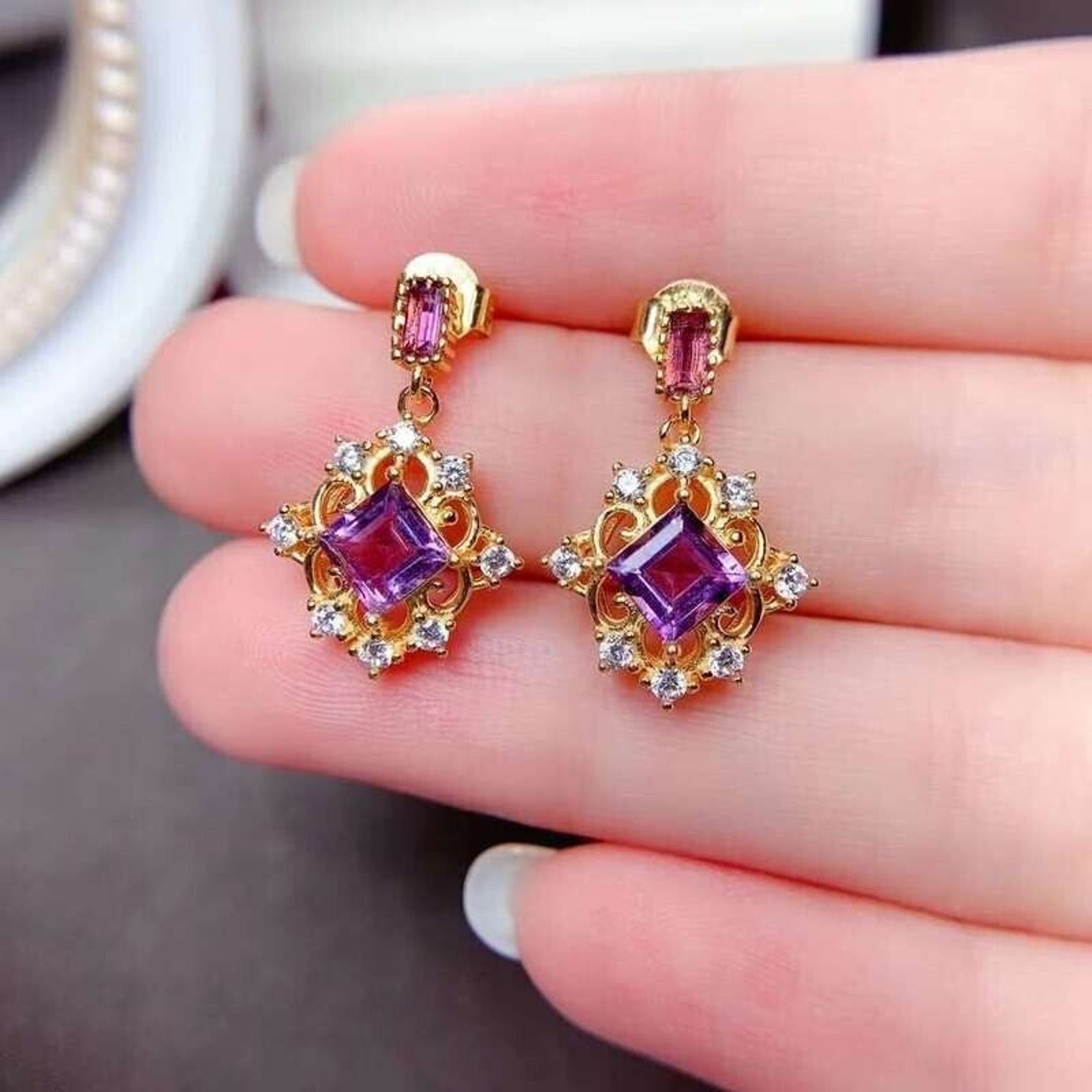 Vintage Garnet Dangle Earrings, High Court Gemstone Earrings, Garnet, Blue Topaz