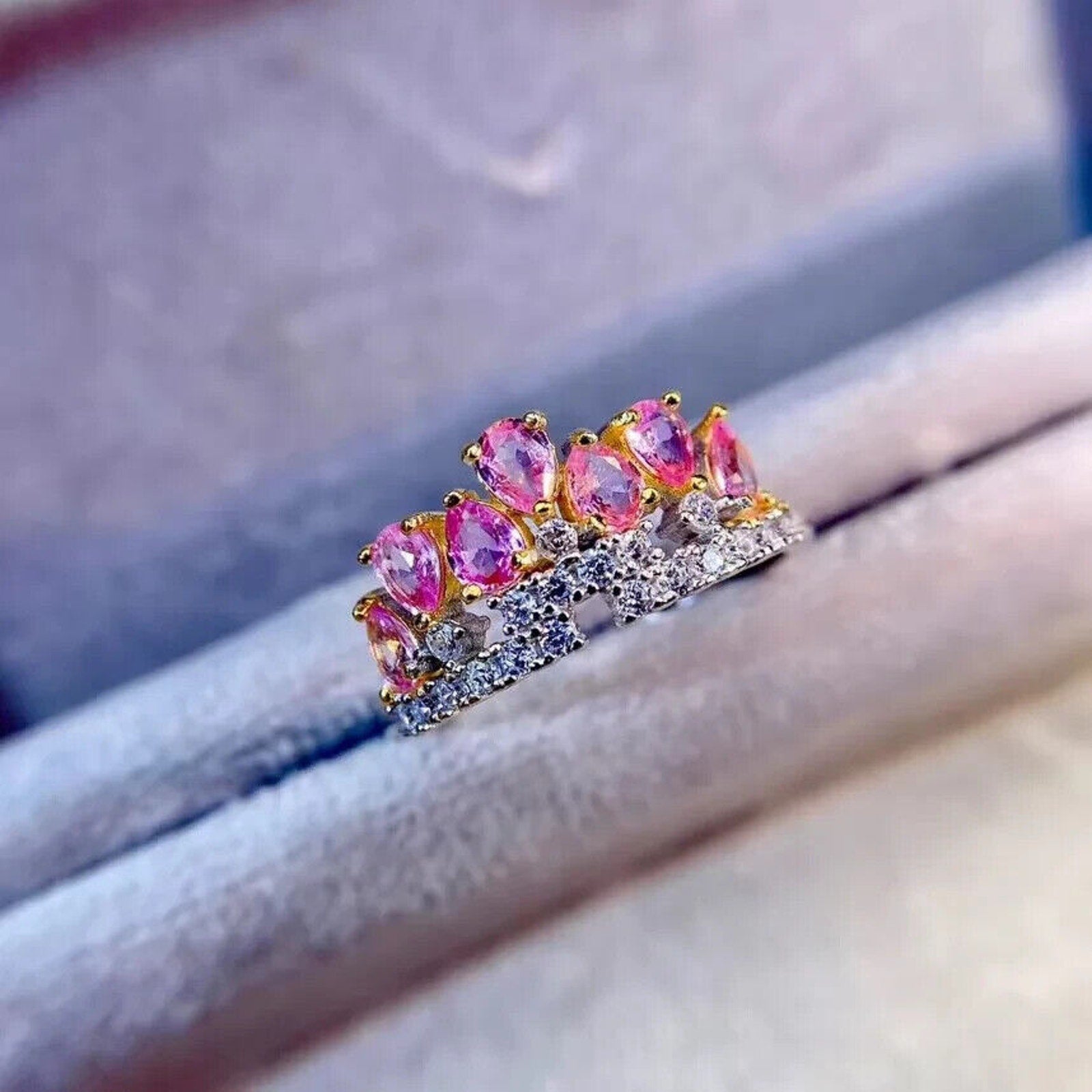 Natural Pink Sapphire Crown Ring, Sapphire Ring 18k White Gold Plated