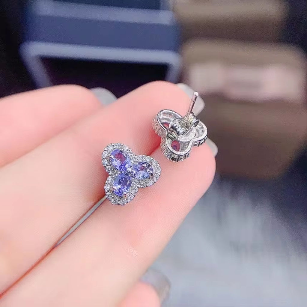 Purple Tanzanite Earrings, Tanzanite Gemstone Flower Earrings Sterling Silver