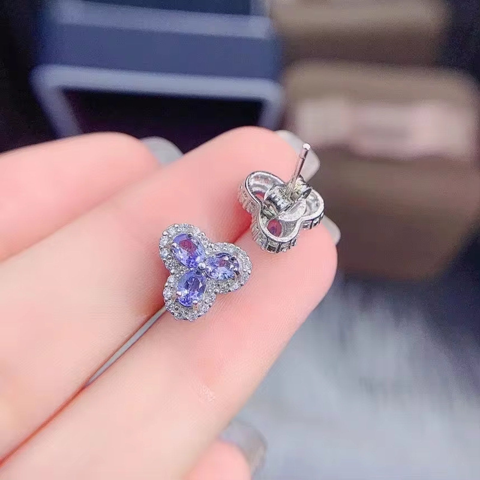 Purple Tanzanite Earrings, Tanzanite Gemstone Flower Earrings Sterling Silver