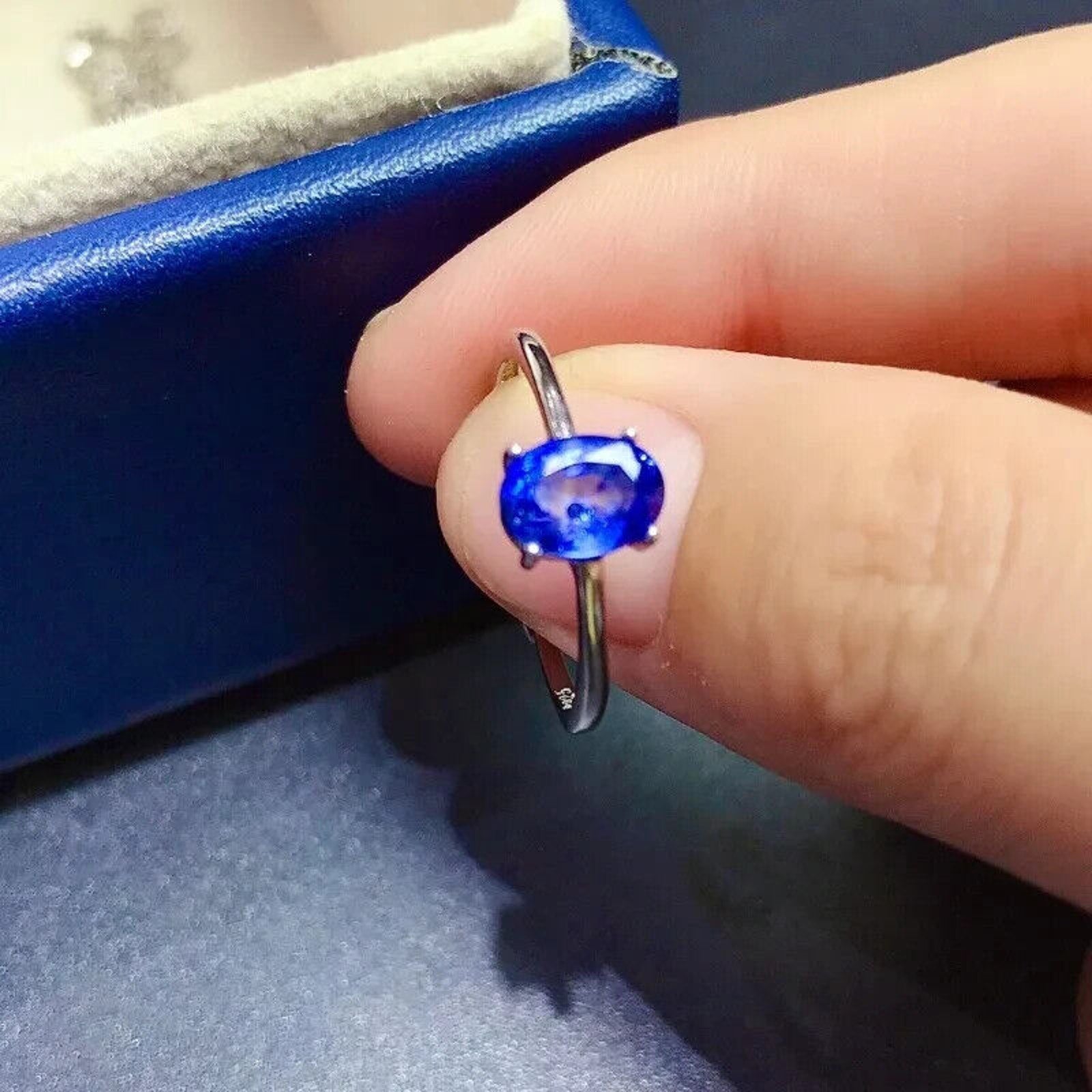 Natural Blue Sapphire Ring 5x7mm, Blue Sapphire Cocktail Ring Sterling Silver
