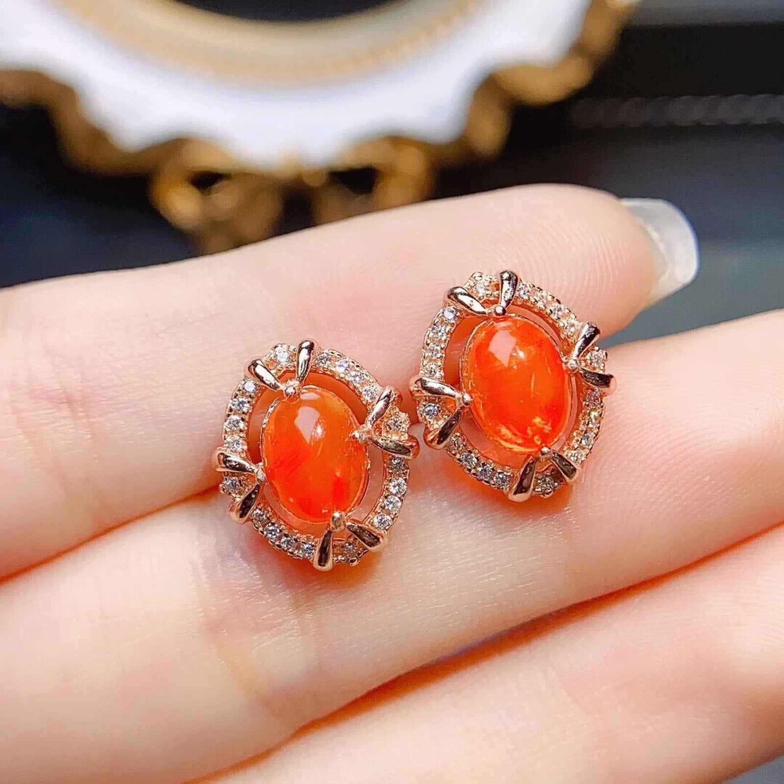 Orange Fire Opal Stud Earrings, Natural Orange Opal Stud Earrings 6x8mm