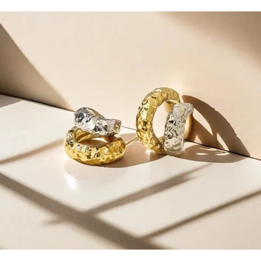 18k Yellow and White Gold Textured Cuff Earrings, Solid Gold Hoop Stud Earrings