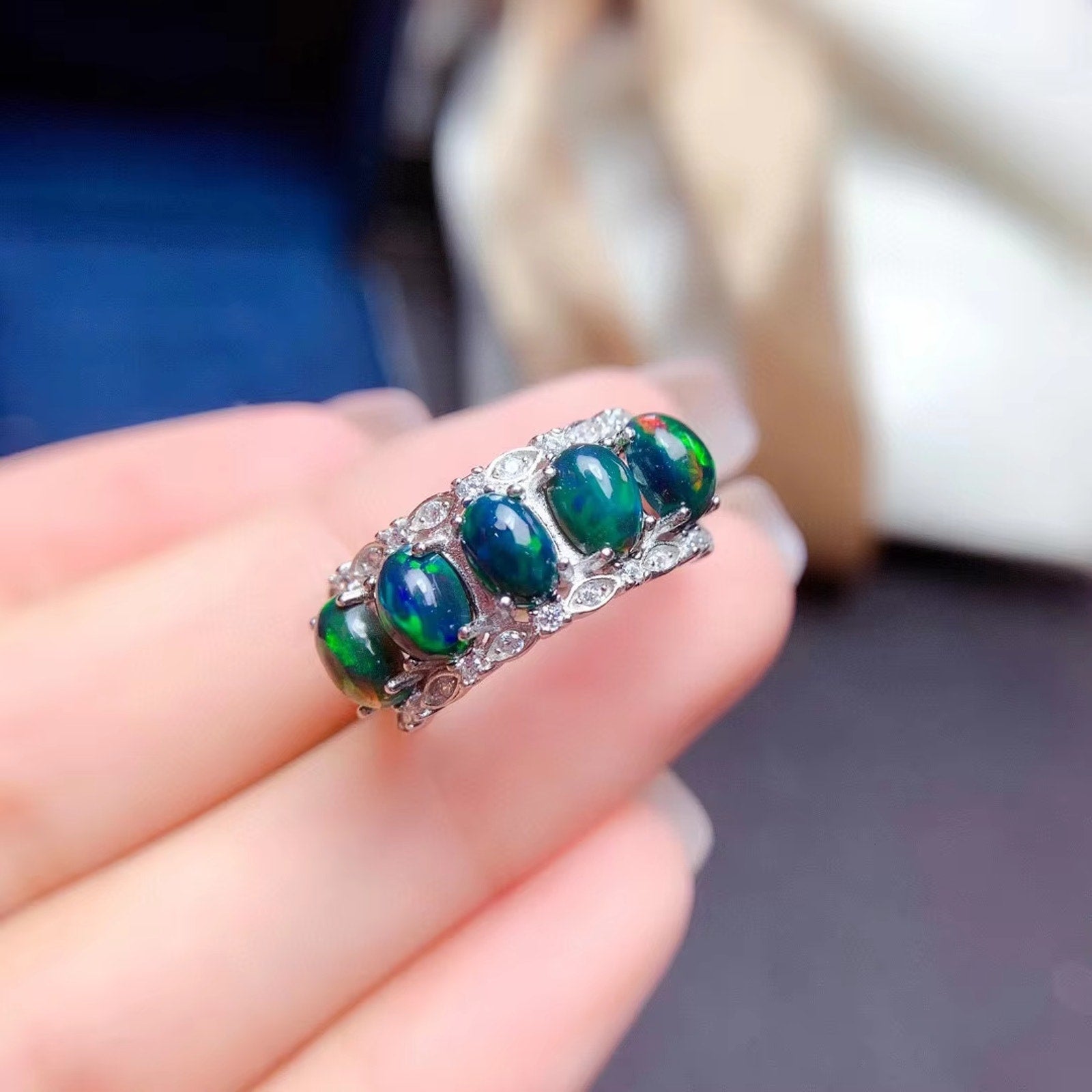 Black Opal Band Ring, Australian Fire Opal Statement Ring Sterling Silver