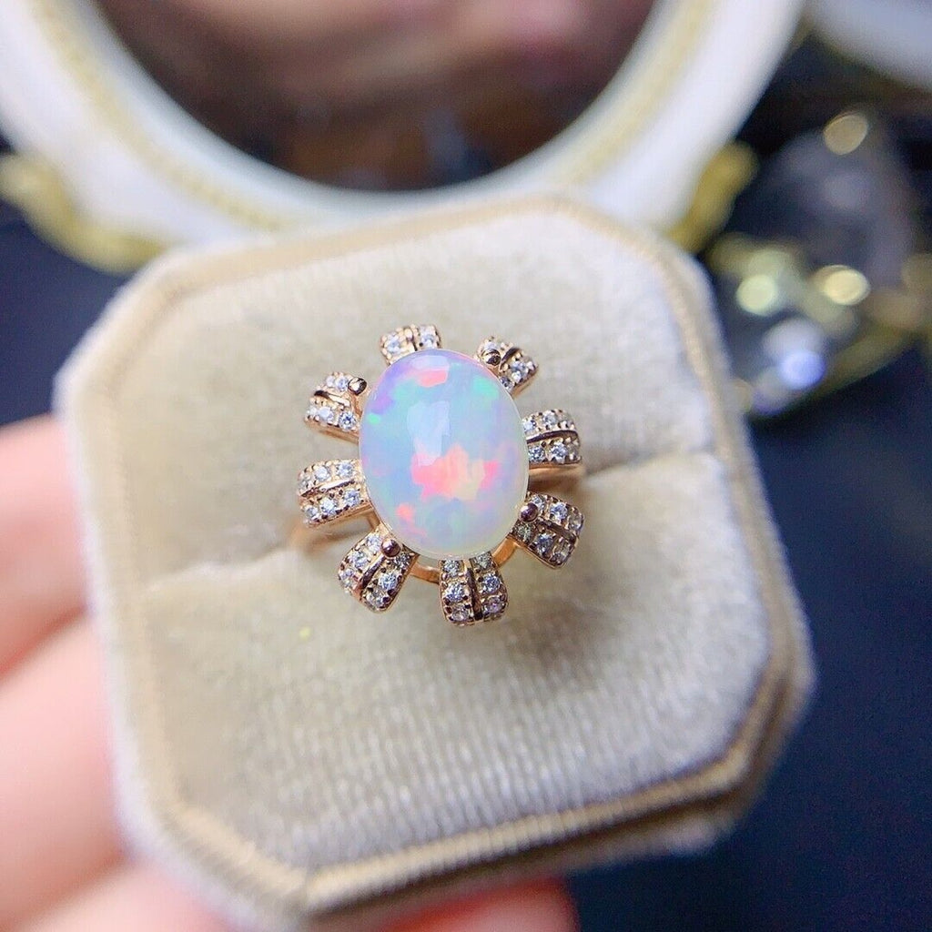 Natural White Opal Cocktail Ring 9x11mm, Colorful Opal Ring 925 Sterling Silver