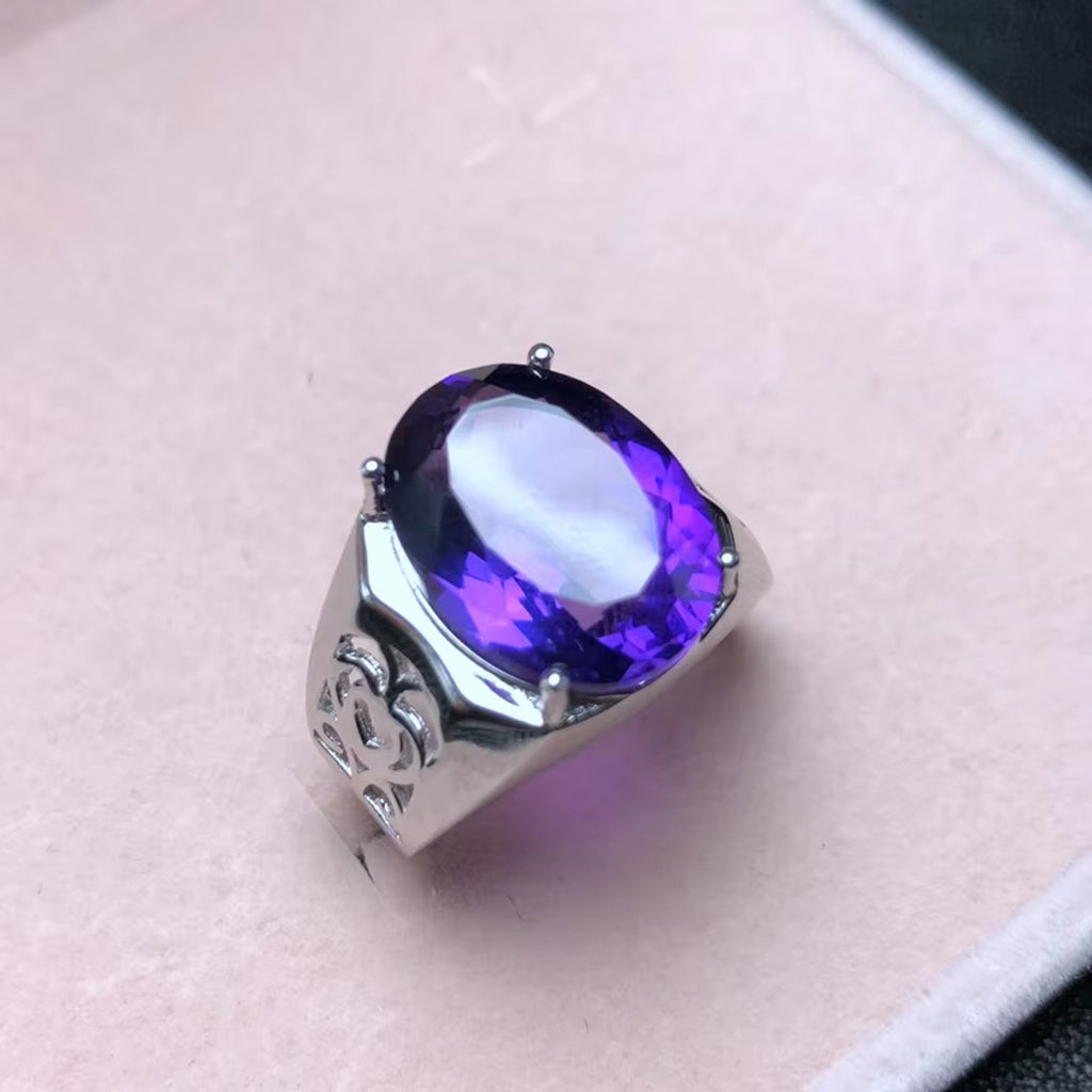12CT Mens Amethyst Ring 925 Sterling Silver, Gemstone Rings For Men