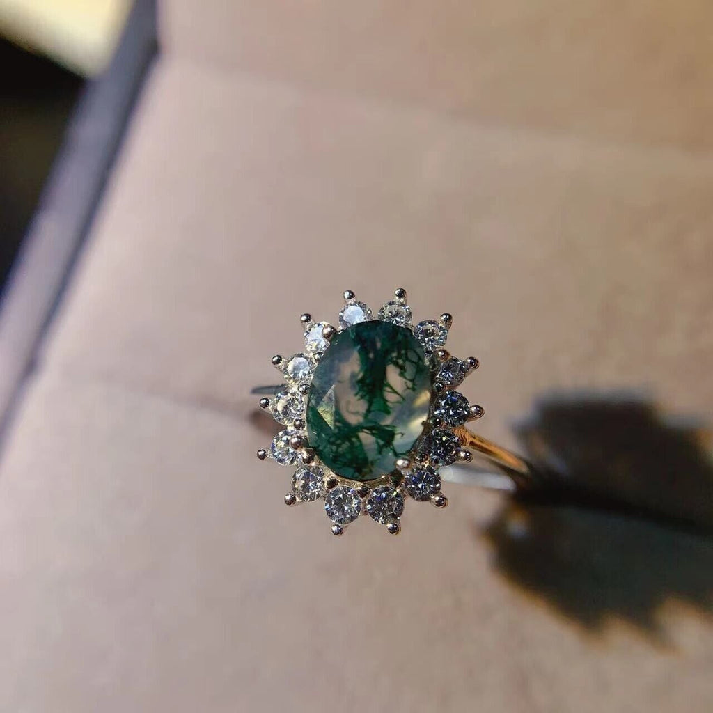 6x8mm Moss Agate Cocktail Ring 925 Sterling Silver