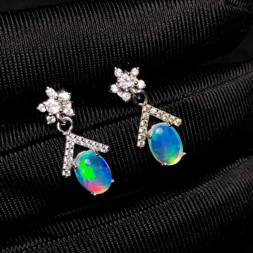Women's Opal Dangle Earrings, Natural Fire Opal Dangle Earrings 5x7mm