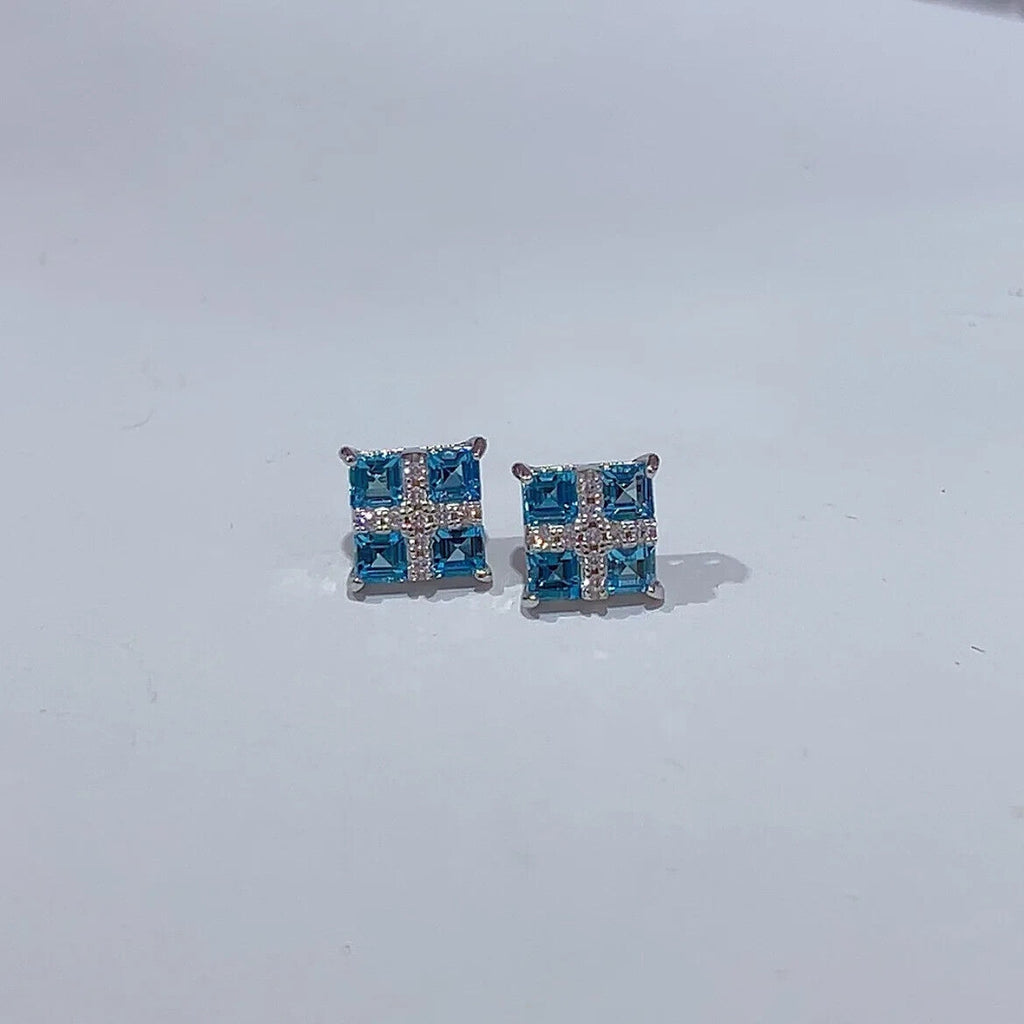 Swiss Blue Topaz Stud Earrings Platinum Plated Silver, Bright Blue Topaz Earring