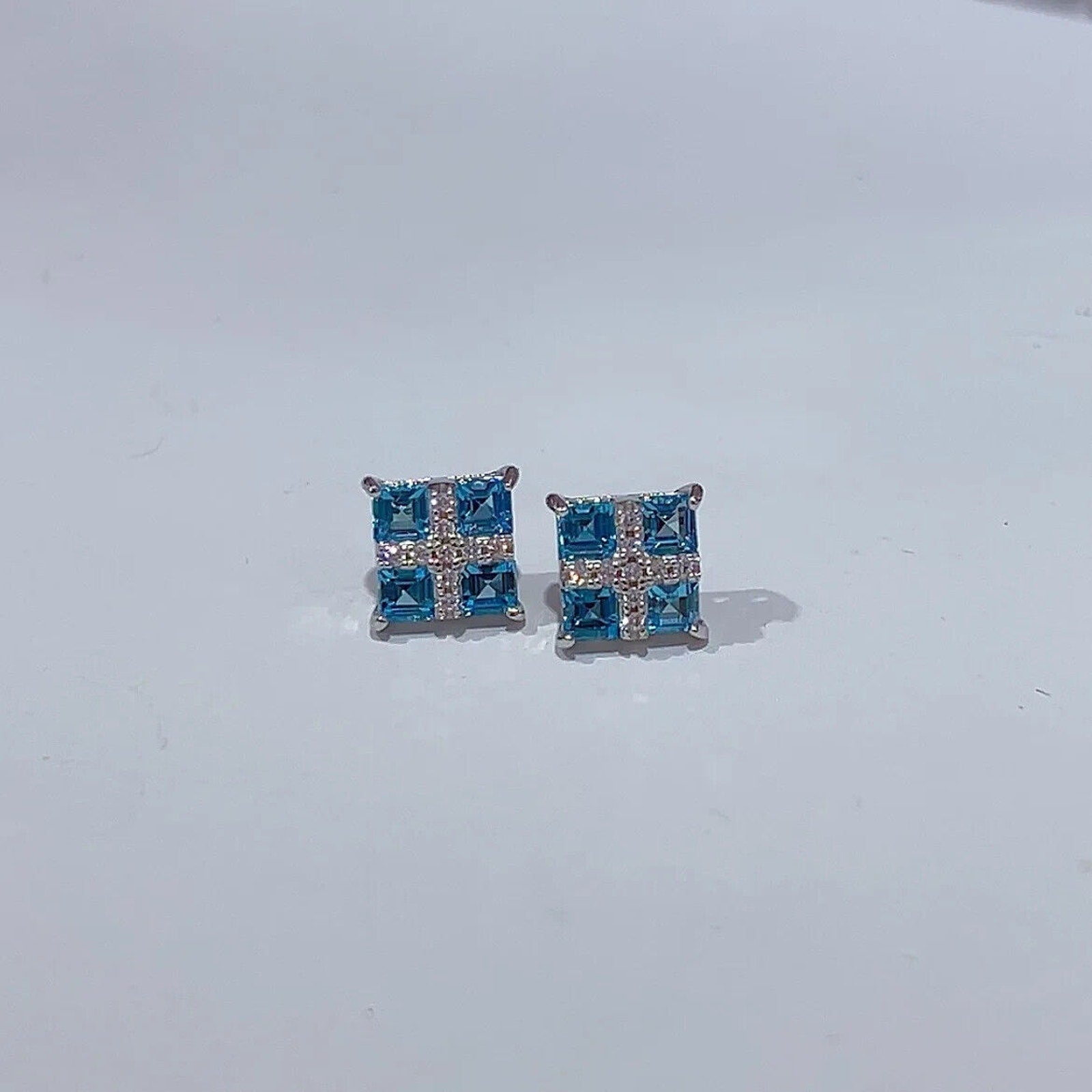 Swiss Blue Topaz Stud Earrings Platinum Plated Silver, Bright Blue Topaz Earring