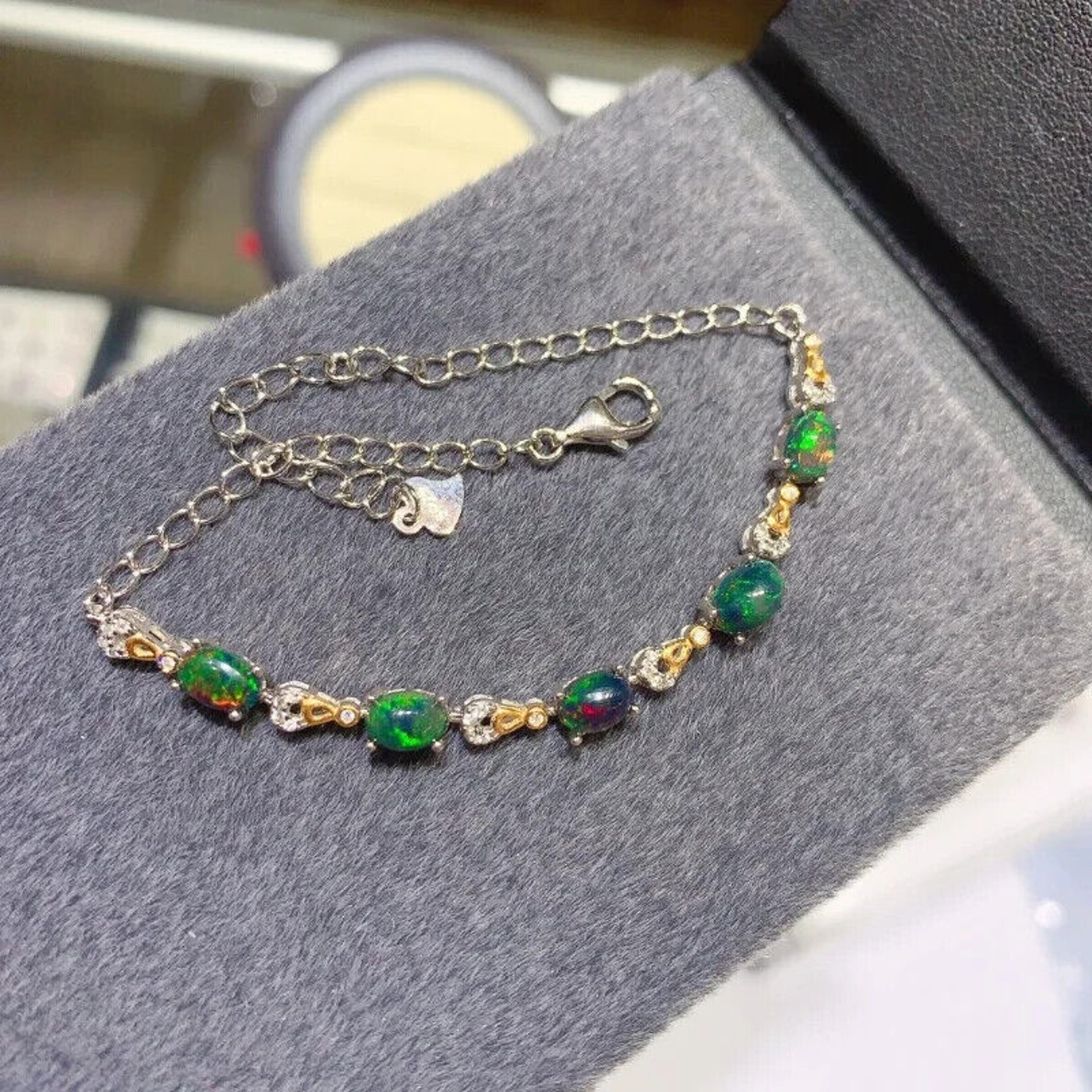 Black Fire Opal Chain Bracelet 925 Sterling Silver, Black Opal Chain Bracelet