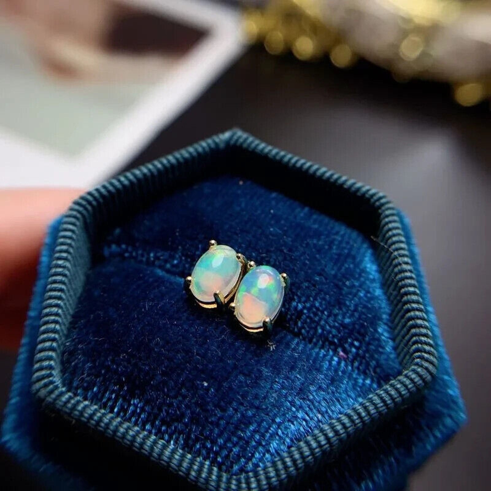 White Fire Opal Stud Earrings, Natural Opal 5x7mm Stud Earrings Sterling Silver