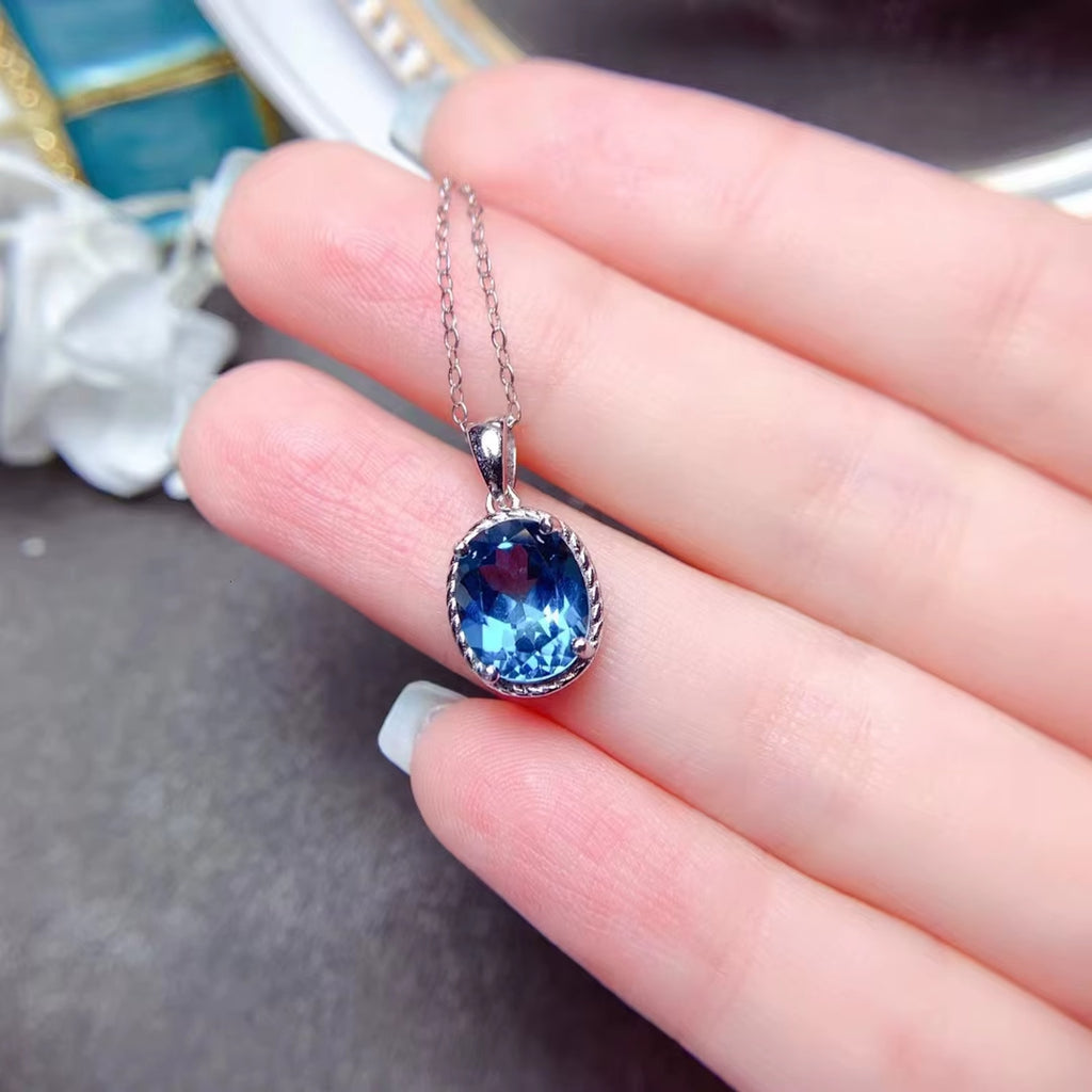 3CT London Blue Topaz Pendant Necklace, 925 Sterling Silver Blue Topaz Necklace