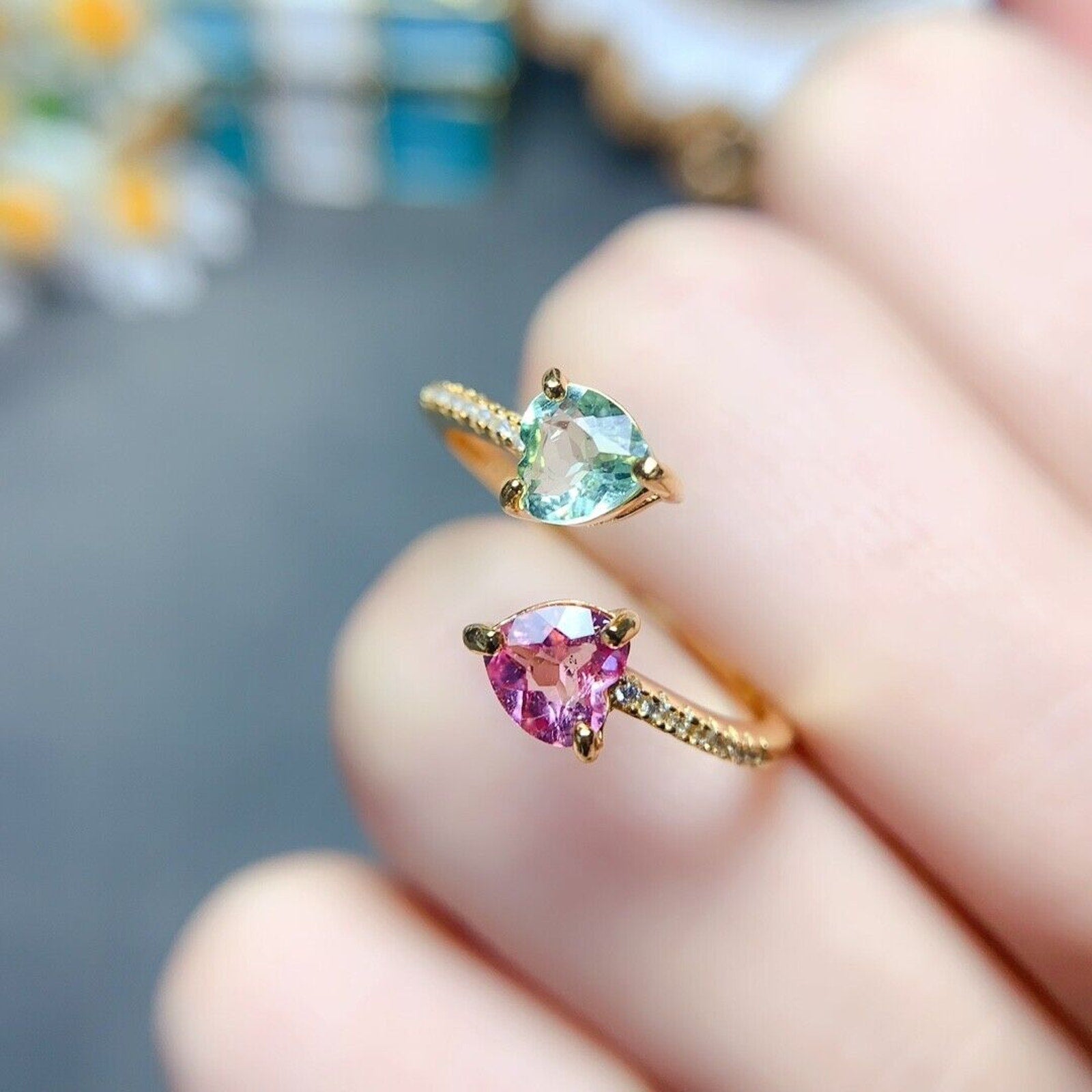 Tourmaline Dainty Heart Ring, Two Stone Colorful Tourmaline Gemstone Ring
