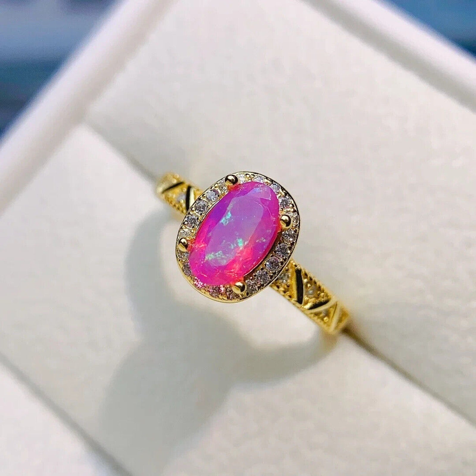Pink Fire Opal Cocktail Ring 4x8mm, Natural Pink Fire Opal Ring 925 Sterling