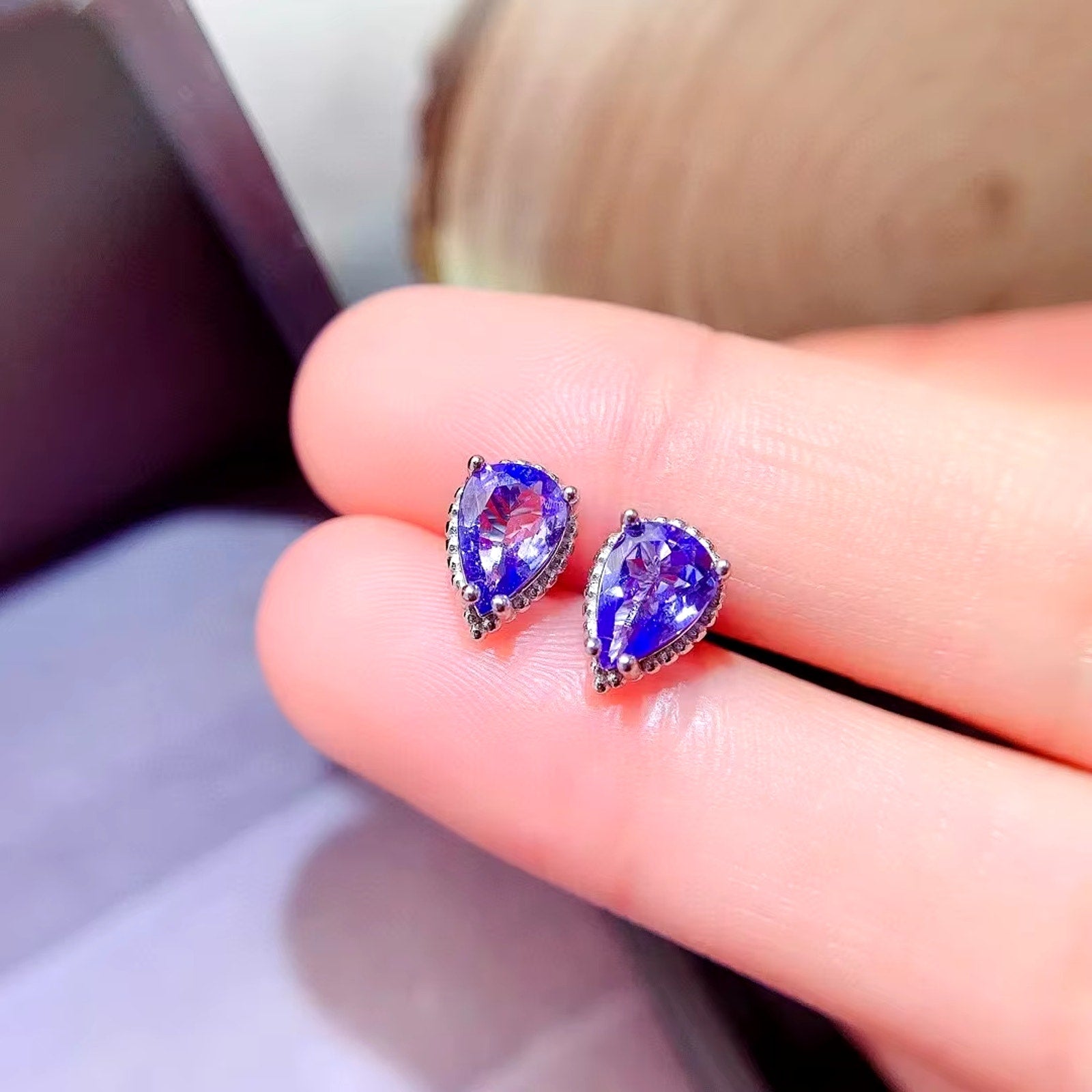 Natural Tanzanite Stud Earrings, Purple Tanzanite Pear Cut Earrings 5x7mm