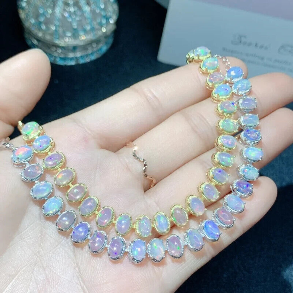 White Fire Opal Gemstone Bracelet, Natural Opal Tennis Bracelet Sterling Silver